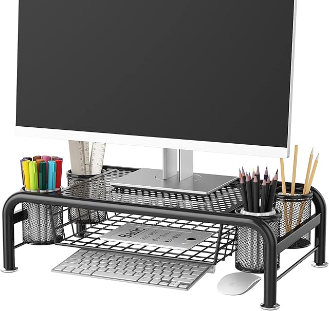 AcornFort H-504 Extra Large Height Increasing 50x30x15cm Black Mesh Metal Heavy Duty Monitor Stands Printer Holder Desk Tidy Organiser Riser with Drawer and 4 Side Pens Compartments Containers