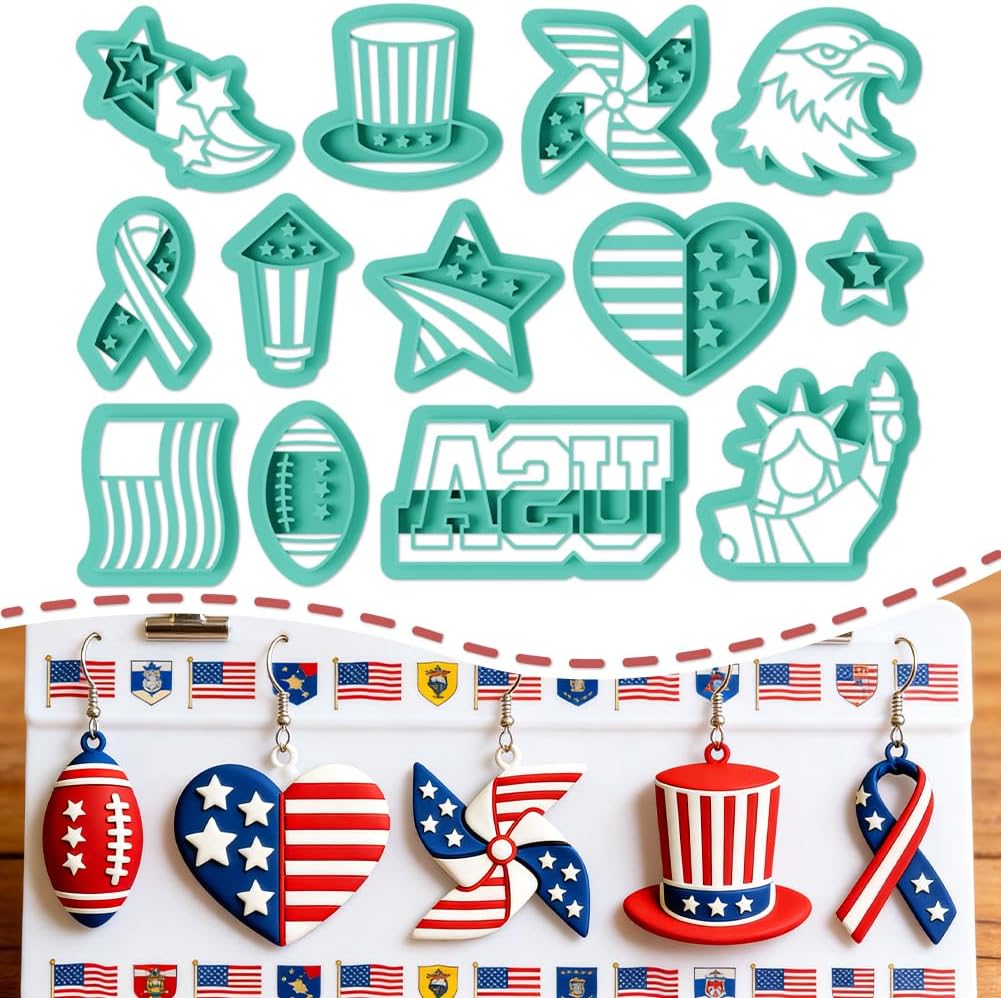 ORIGACH 13 Pcs 4th of July Polymer Clay Cutters Set | With flag, star, and other patriotic shapes. Perfect for Independence Day earrings, pendants. Comes with clear storage box