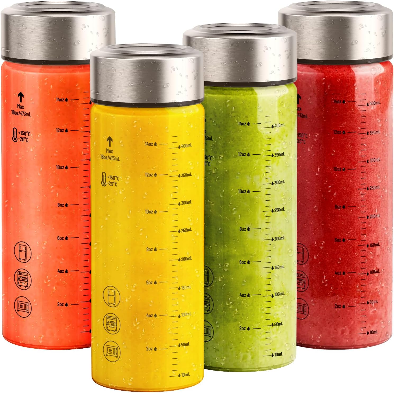 Sursip 16 oz Glass Juice Bottles – 4 Pack Wide Mouth Borosilicate Glass Bottles with Lids – Heat-Resistant, BPA Free, Leakproof & Reusable for Juicing, Smoothies, Milk, Protein, Water