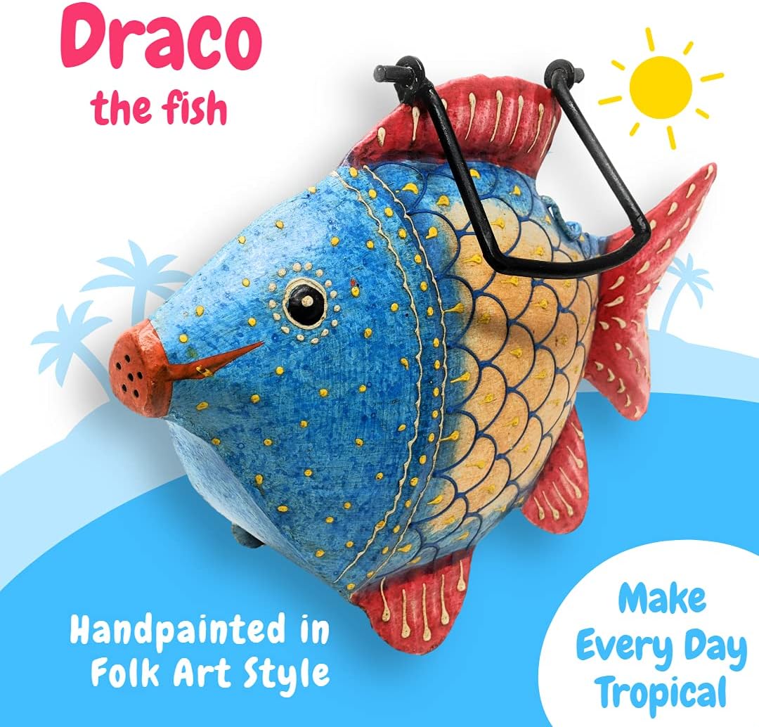 Fun Tropical Fish Shaped Metal Watering Can for Outdoor/Indoor Use on House Plants, Flowers, or Garden - Decorative and Functional Design Handcrafted and Painted by Metal Artisans (Draco)