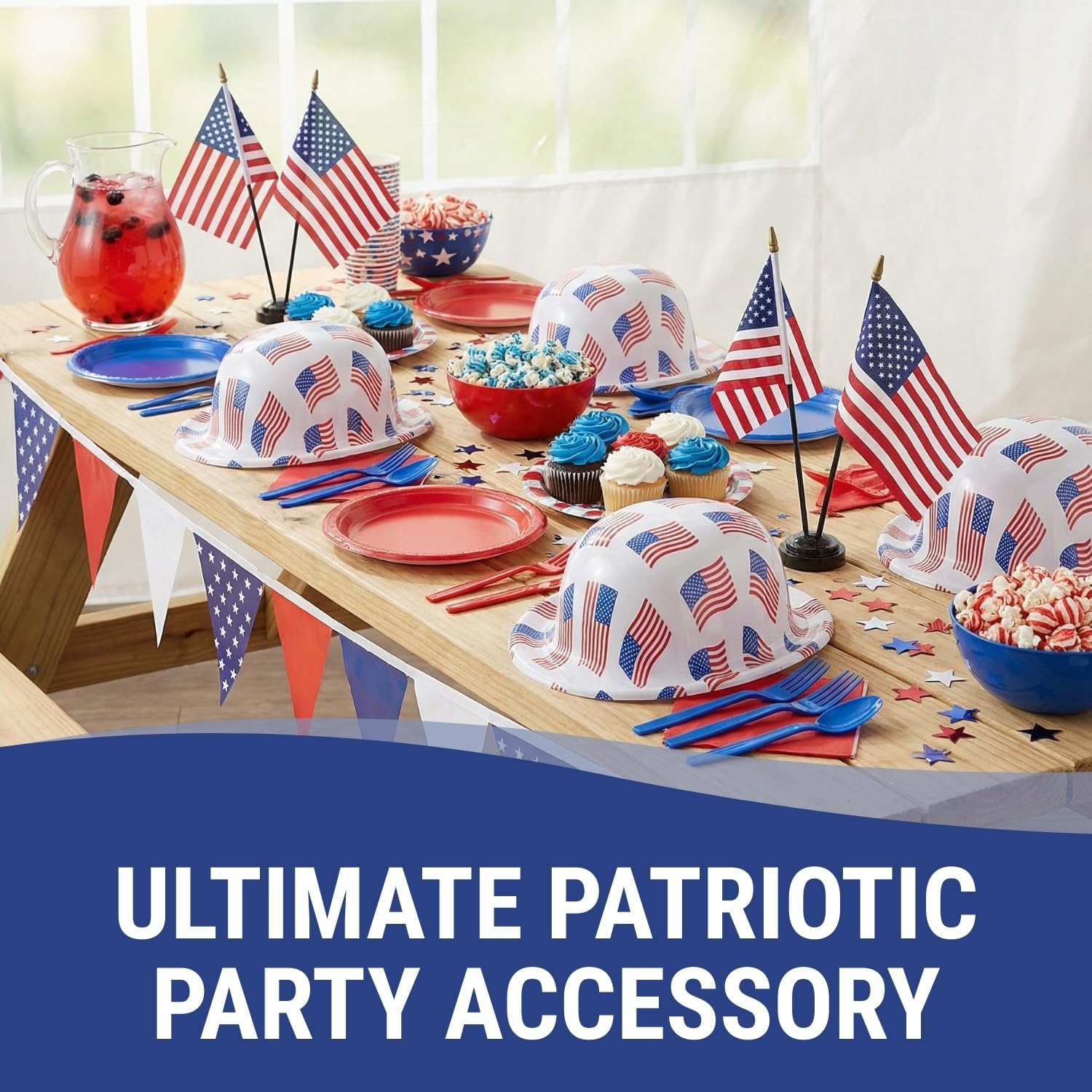 Fun Express 22" circ. Patriotic US Flag Red, White & Blue Plastic Derby Hats - 12 Pieces