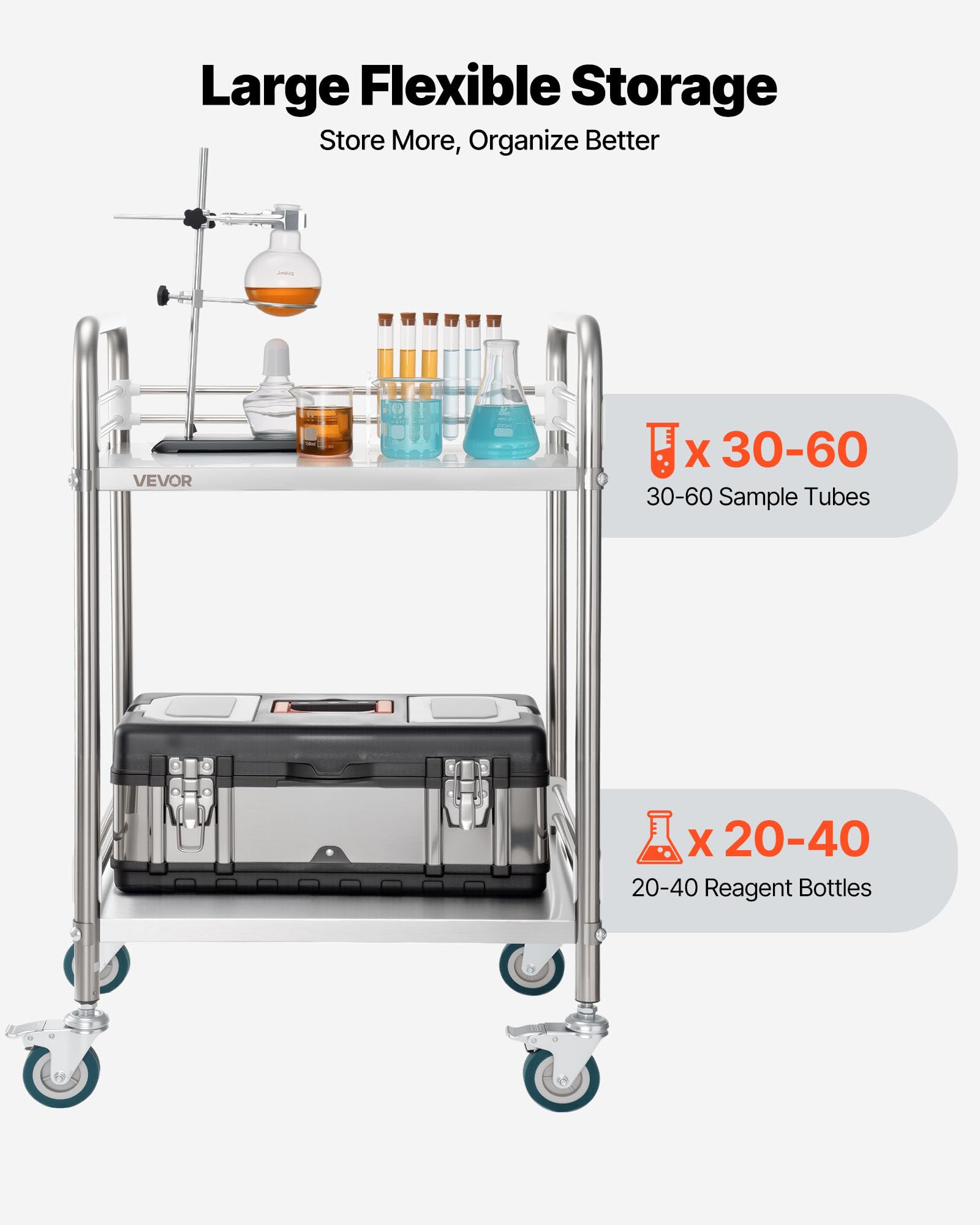VEVOR Chariot de Service Utilitaire à 2 Niveaux, Desserte en INOX avec Roues Verrouillables, pour Soins Médicaux Hôpital Clinique Restaurant Cuisine et Salon de Coiffure, Chariot de Laboratoire