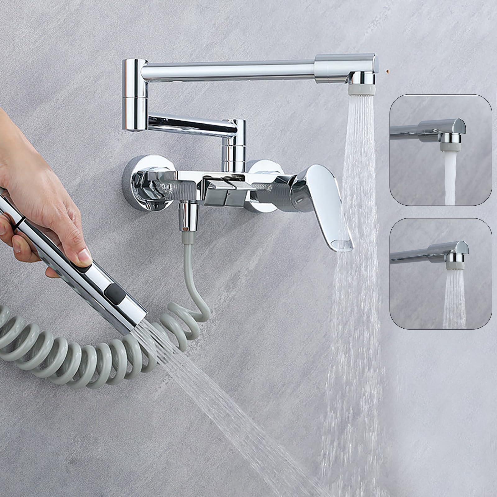 Grifo Cocina Pared Grifos Baño con Pistola Pulverizadora Grifo Cocina Abatible con 2 Chorros de Agua Latón,Gris