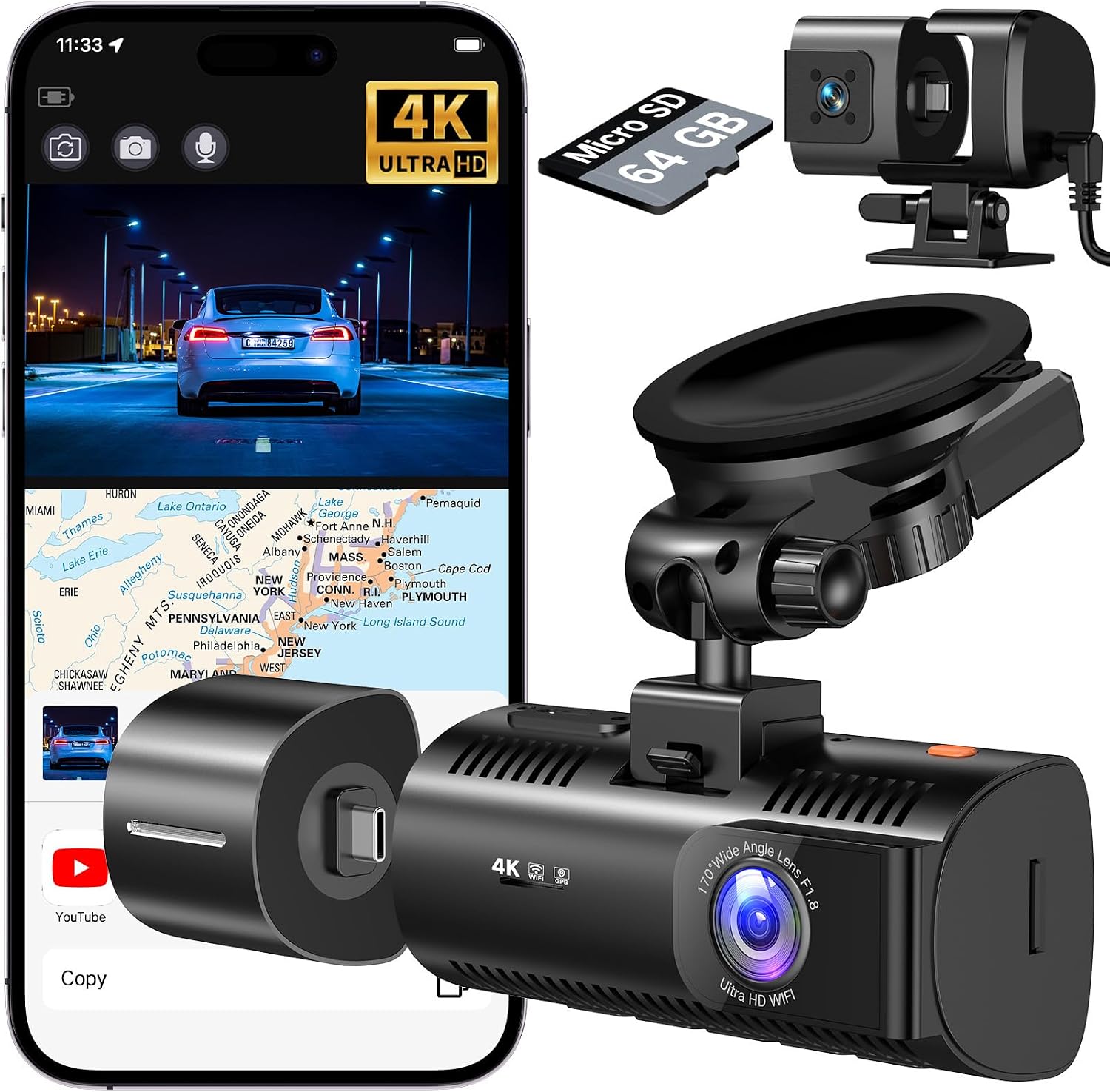 4K Dual Dash Cam with 5.8GHz WiFi, GPS and 64GB Card
