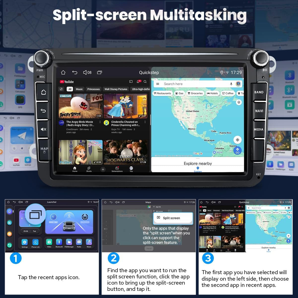 Image demonstrating the split-screen multitasking feature, showing YouTube and a navigation app running side-by-side on the car stereo screen.
