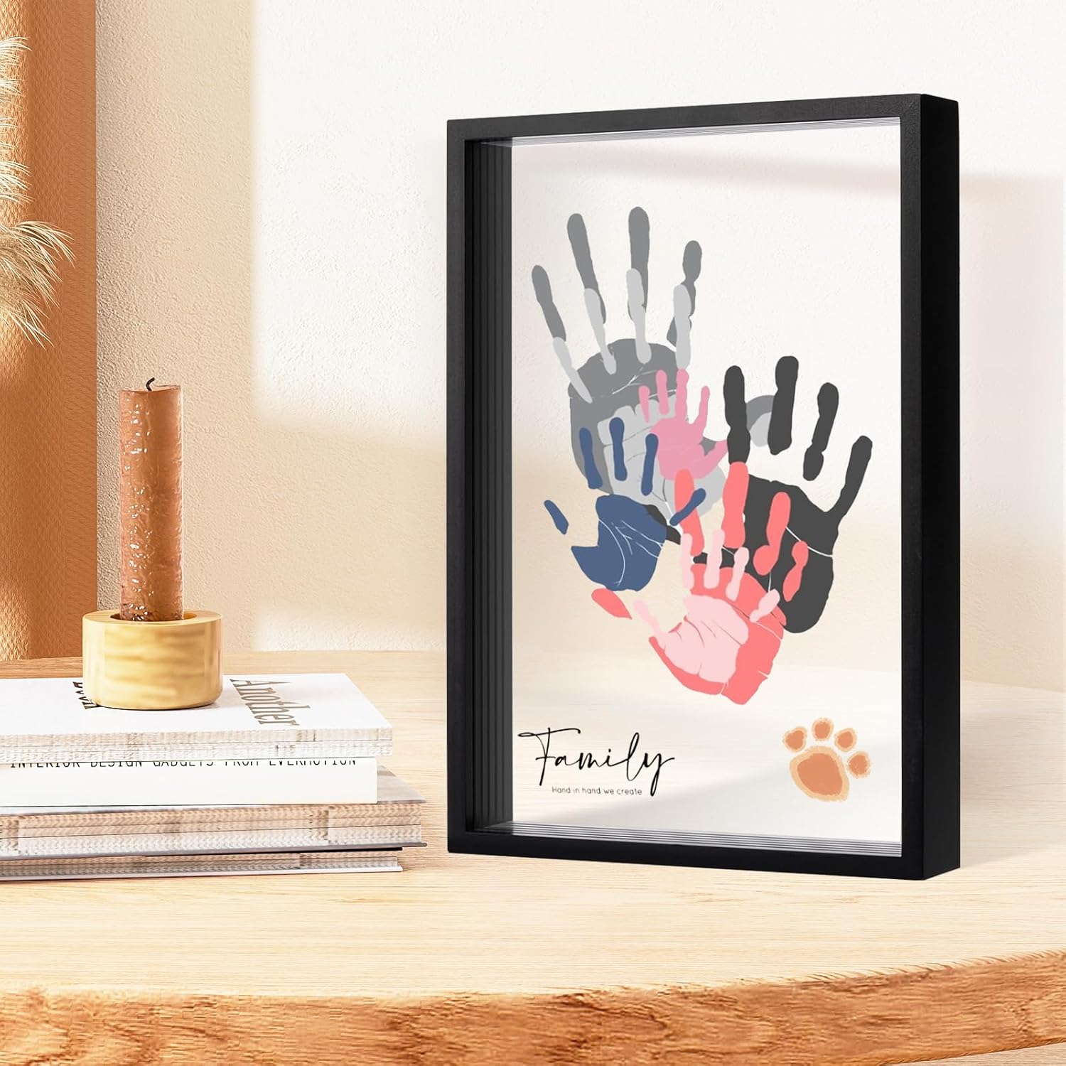 PUDEKO Family Handprint Kit,DIY Colorful Craft Keepsake Family Art Baby Newborn Hand and Footprint Wooden Frame for Home Decor Family Gifts Set(5 Sheets with 8 Colors) (Light Black)