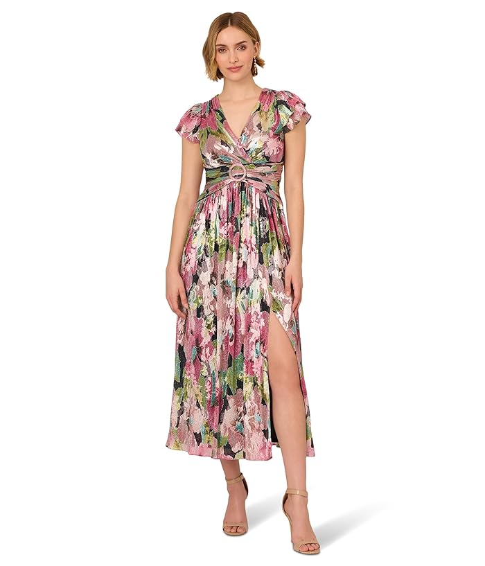 Adrianna Papell Floral Metallic Crinkle Gown Women's Dress Navy/Pink : 6 Adrianna Papell Floral Metallic Crinkle Gown Women's Dress Navy/Pink : 6
