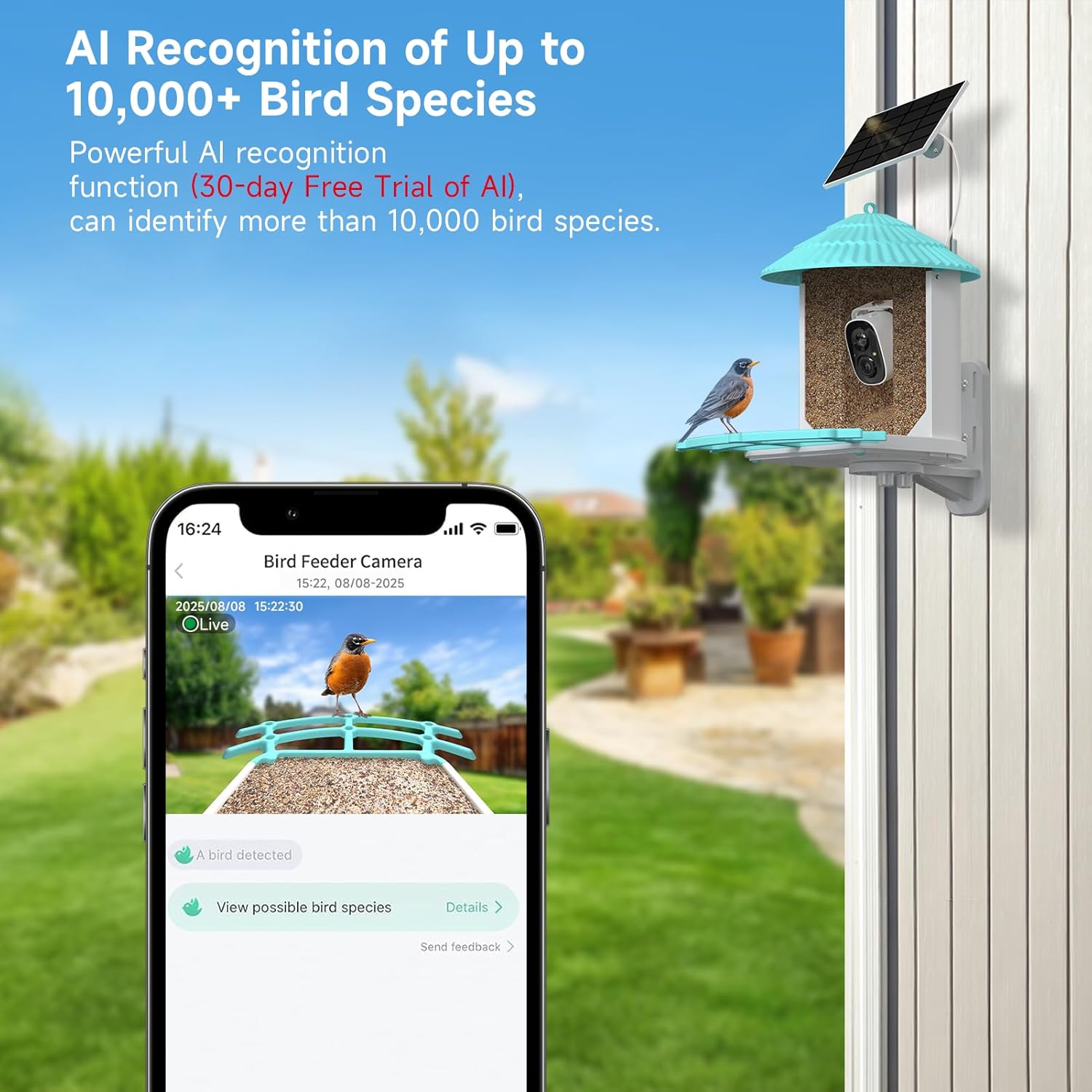 Smart Bird Feeder with Camera, AI Bird Species Identification, 5W Solar Panel, 2K HD Video Live Stream Camera, Full Color Night Vision, 32G Card Included, Instant Arrival Alerts, 2.4Ghz Wi-Fi Only