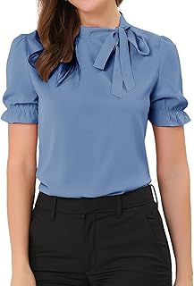 Allegra K Damen Sommer Elegant Bluse 50er Jahre mit Schleife Schluppenbluse Festliche Blusen Kurzarm Panel Fliege Hals Rüschen Top