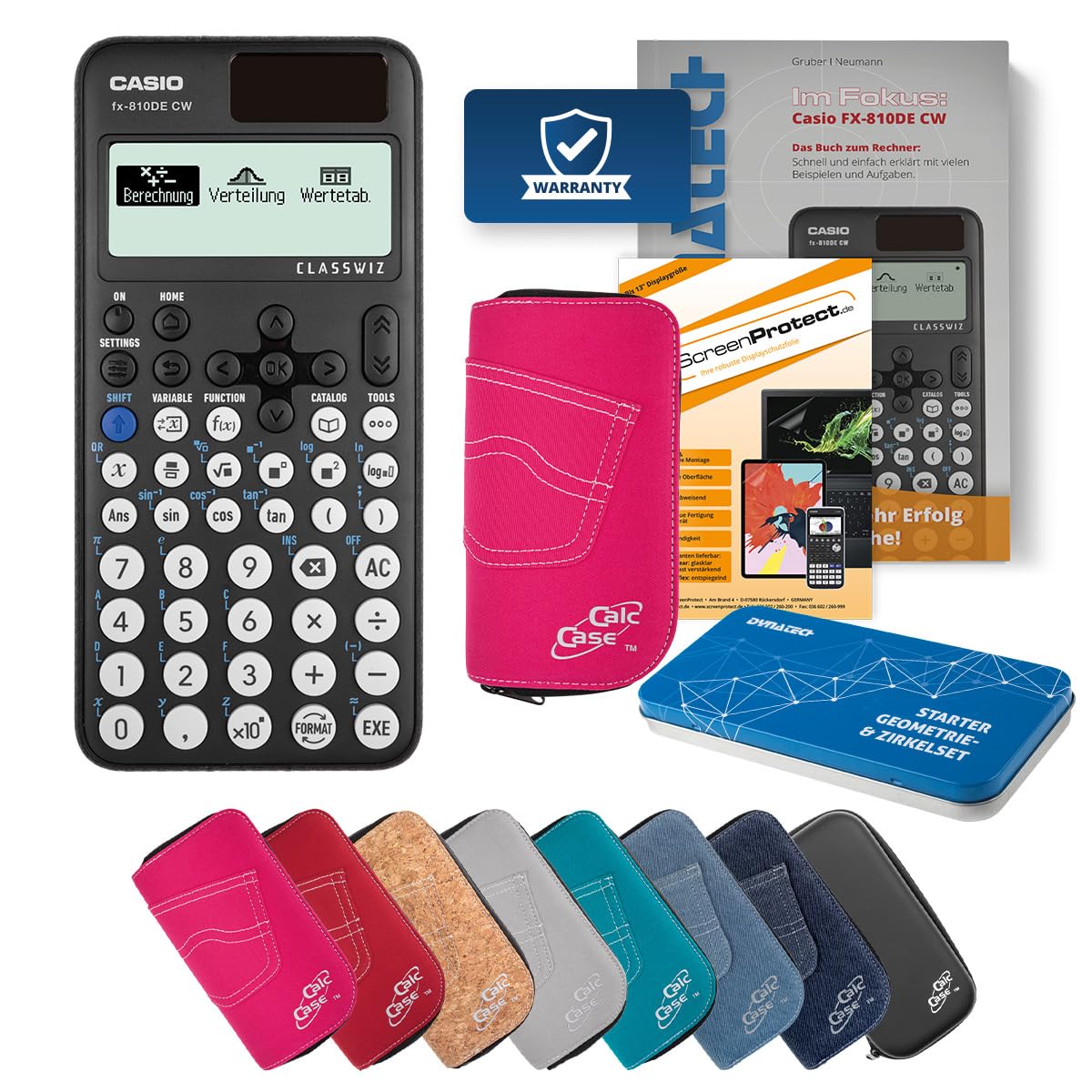 Casio FX 810DE CW Schulrechner mit CalcCase Schutztasche, Fachbuch, Geometrie Set & Displayschutz - Wissenschaftlicher Taschenrechner – ideal für Schule, Studium & Prüfung - Deluxe Set (Pink)