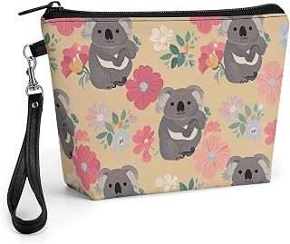 Cute Koala Bear Floral Pattern Travel Makeup Bag Large Capacity | Waterproof PU Leather Cosmetic Organizer Bags with Handle