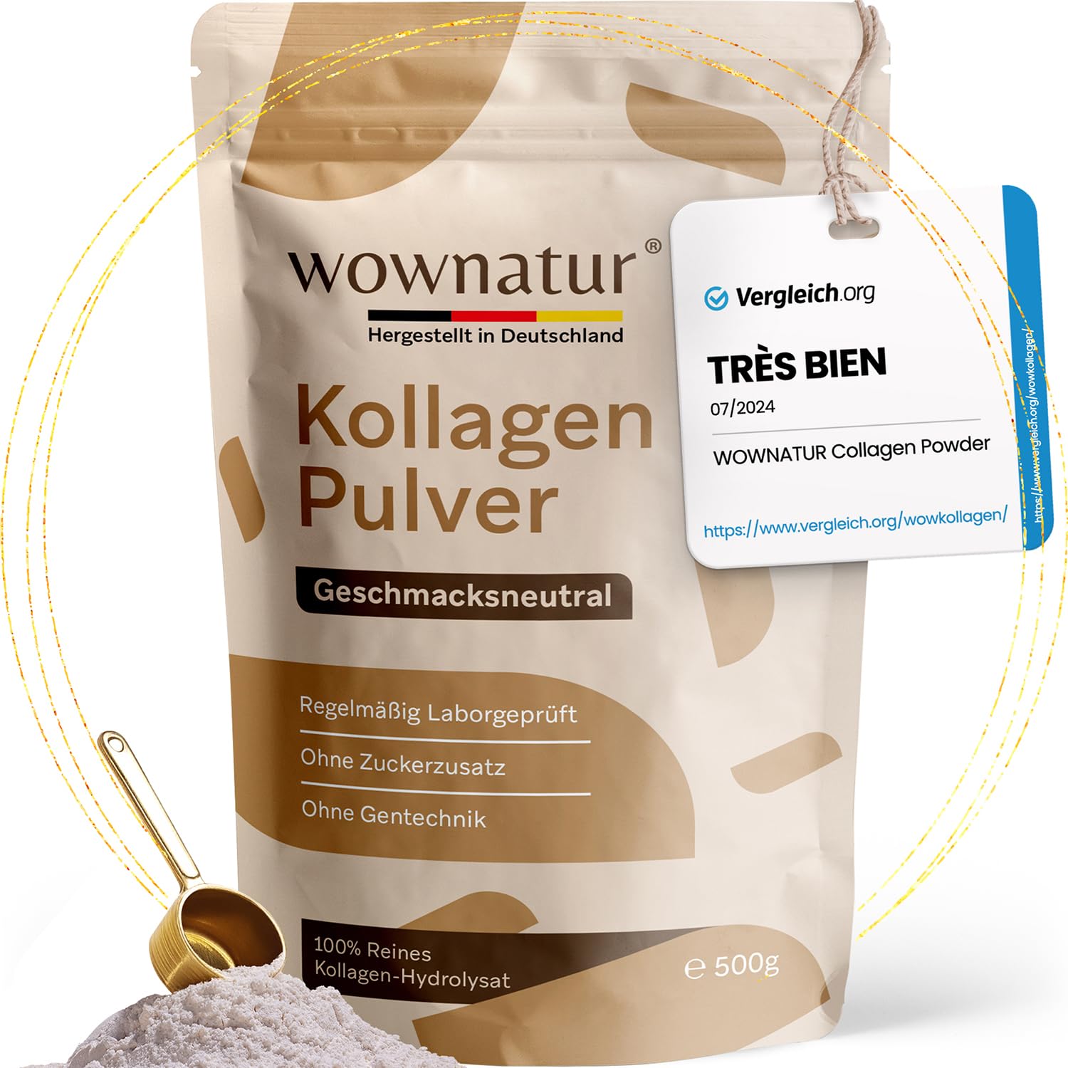 Collagen Poudre 500g Powder - Solubilité parfaite - Hydrolysat de collagène de première qualité - Petite taille des peptides de type 1, 2 et 3 - Goût et odeur neutres - L'original
