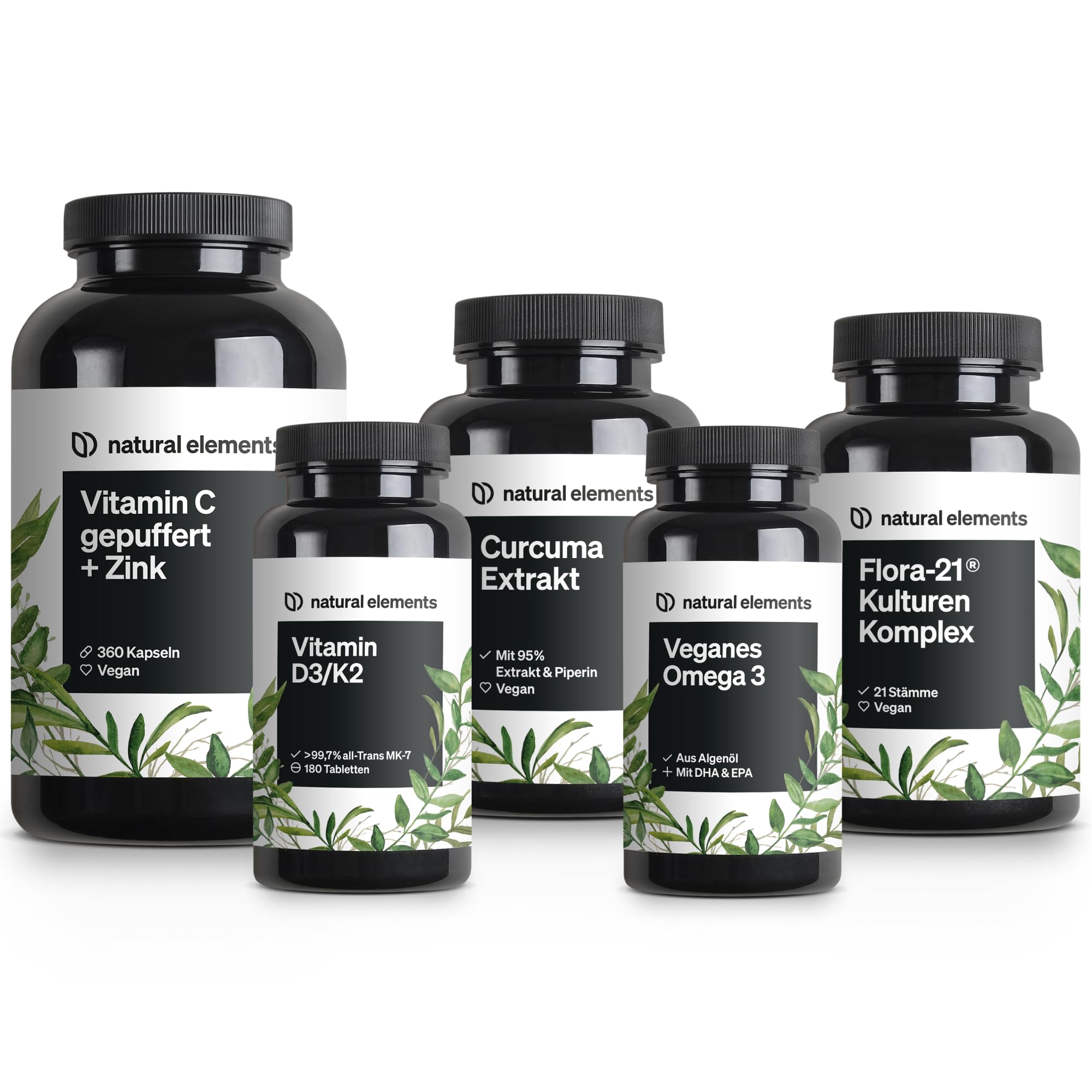 natural elements Premium Set - Kulturen Komplex, Vitamin C + Zink, Curcuma Extrakt, Vitamin D3 K2 & veganes Omega 3 - hochdosiert, ohne unnötige Zusätze