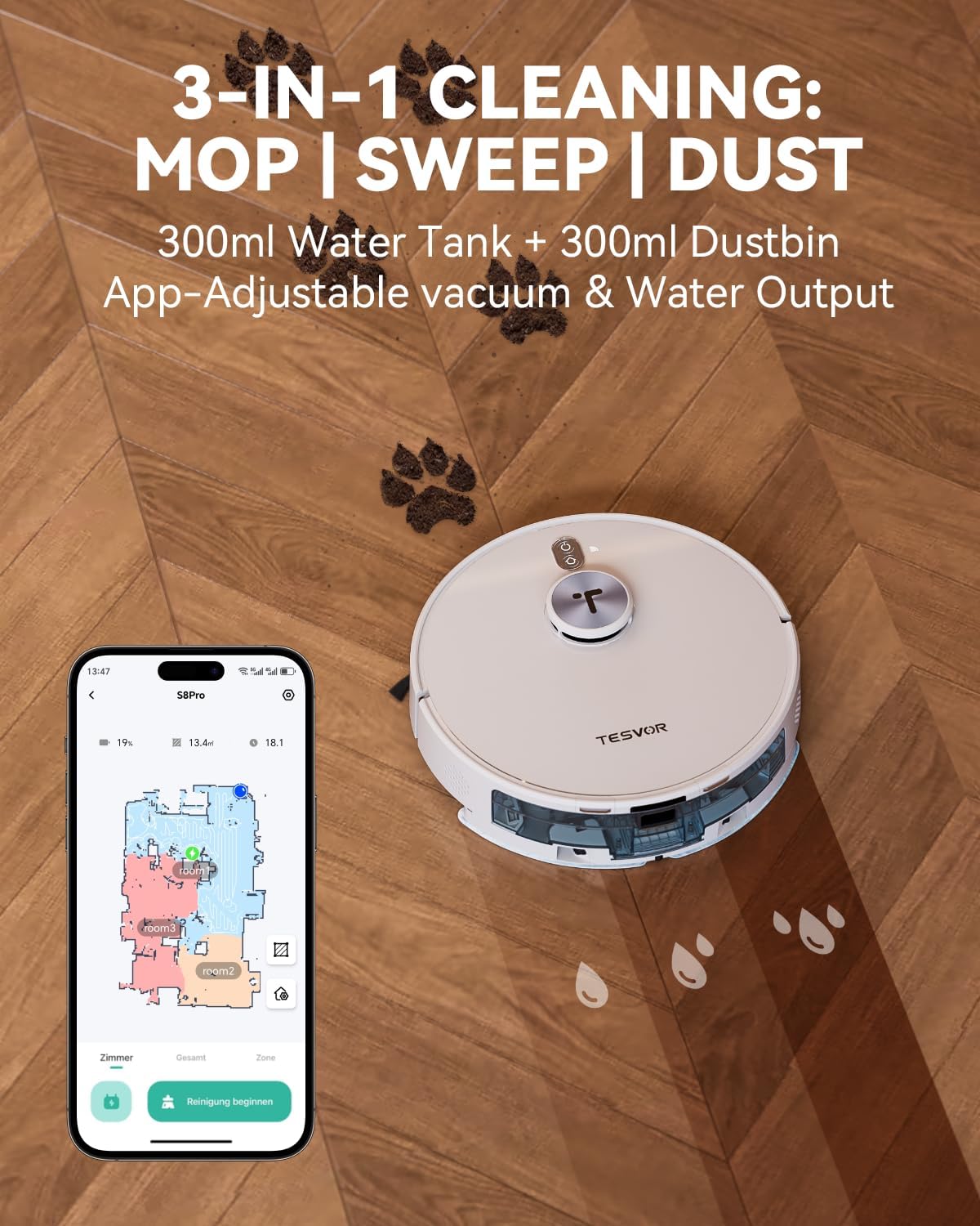 Tesvor Robot Vacuum and Mop 8000Pa,Obstacle Avoidance,LiDAR Navigation,Smart Mapping,WiFi/App/Voice Control, for Pet Hair, Carpet & Hard Floors