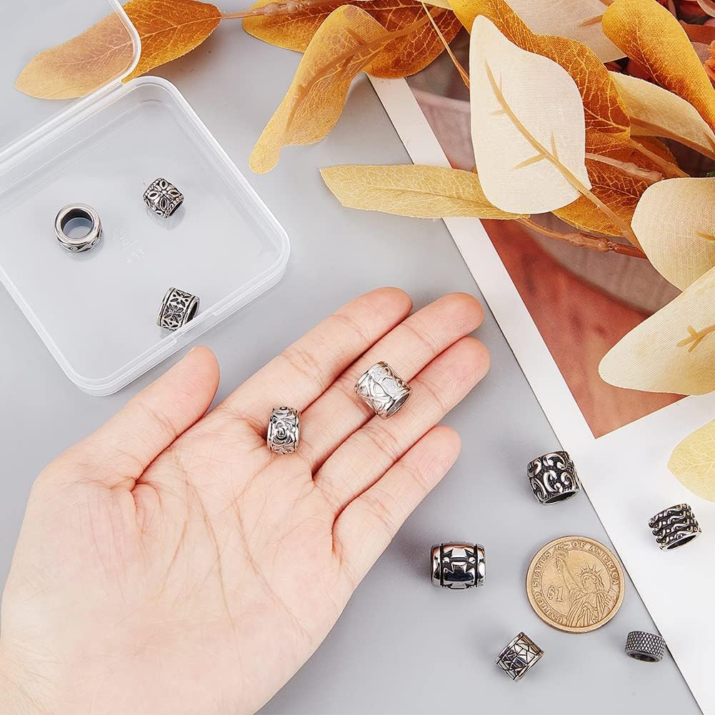 PH PandaHall 10pcs Large Hole Spacer Beads, 10 Style 304 Stainless Steel European Beads Antique Silver Loose Beads for Bracelet Necklace DIY Jewelry Making Hole: 5.5~9mm - Image 6
