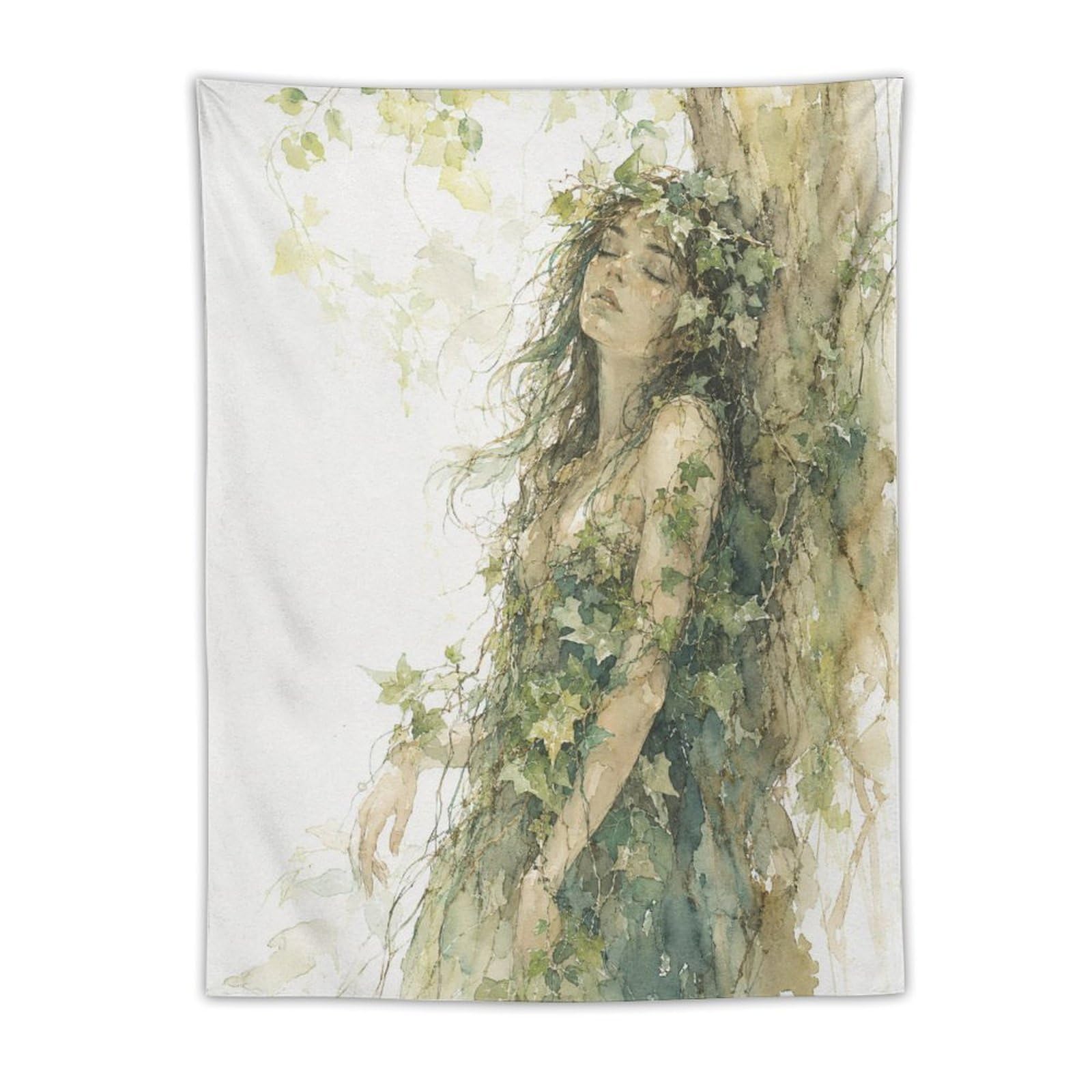W7C8U2X3 Green Forest Woman Wall Tapestry, Watercolor, Ceiling Hanging