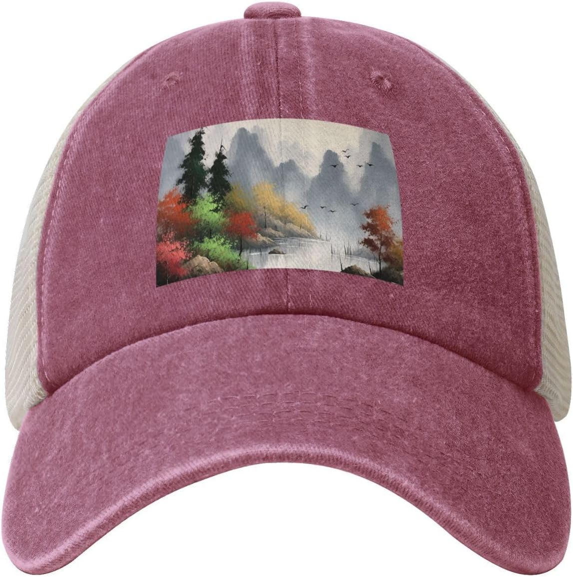 Snapback Trucker Hats Landscape Painting Cowboy Baseball Caps Adjustable Blank Mesh Ball Caps for Men Women Red