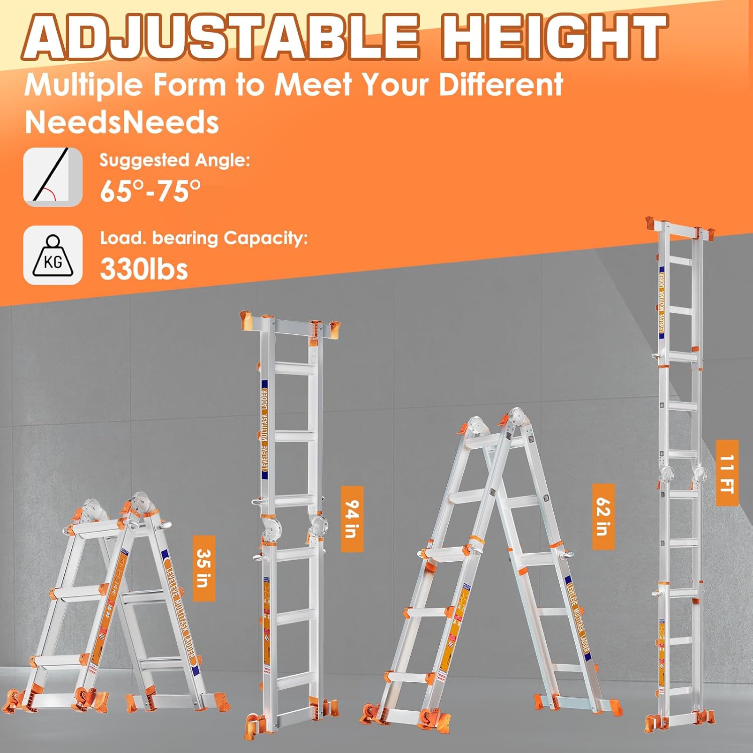 LEVELEVE 11FT Multi Position Ladder,A Frame 3 Step Ladder with Stabilizer Bar & Wheels,330 lbs Security Load Extension Ladder for Stairs Home Indoor Outdoor Roof