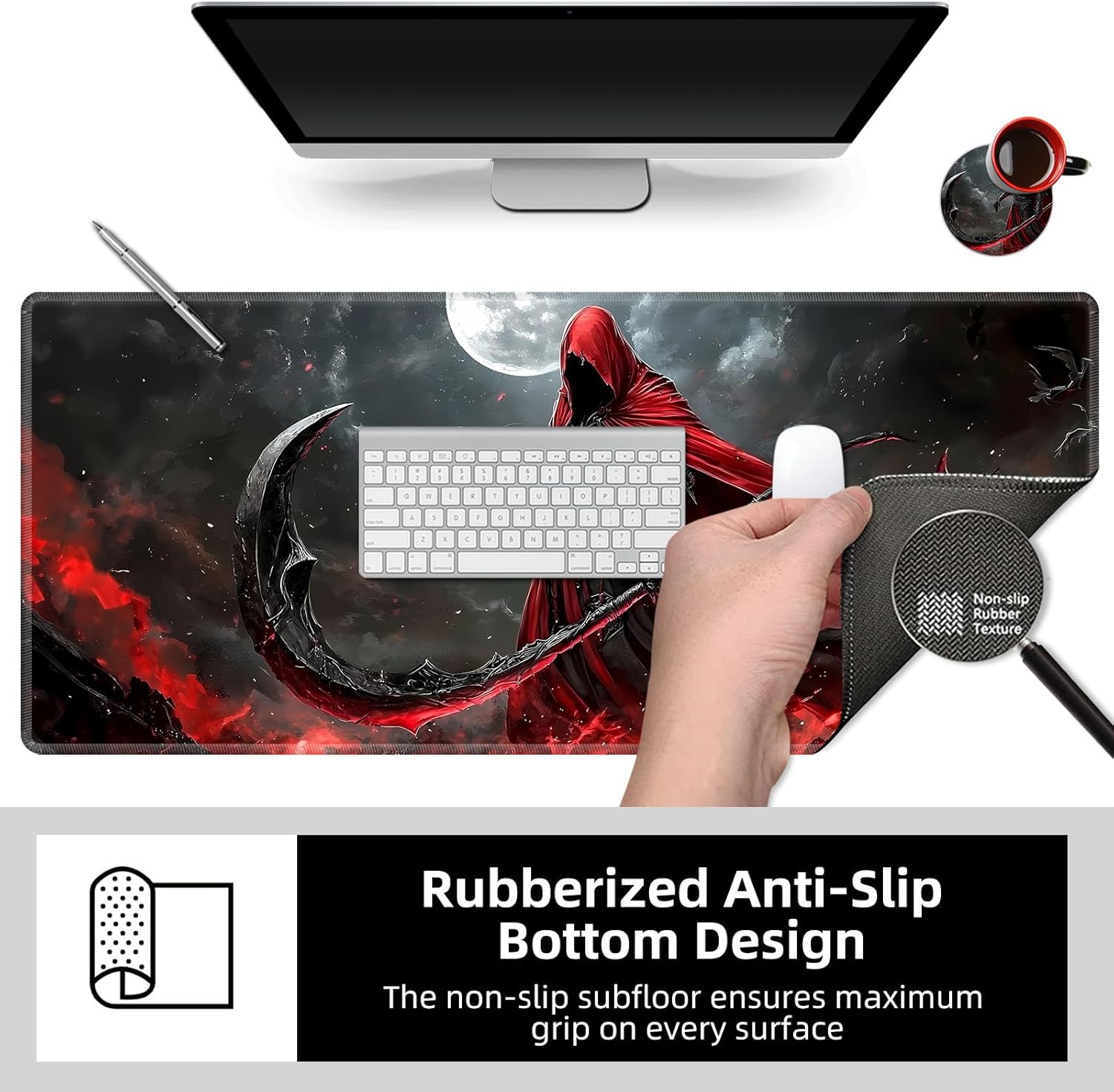 Large Desk Mat with Stitched Edges, Grim Reaper Scythe Office Desk Pad, Anime Gaming Mouse Pad, Extended Keyboard and Mouse Mat,35.4x15.7 inch Waterproof Desk Writing Pad for Office and Home
