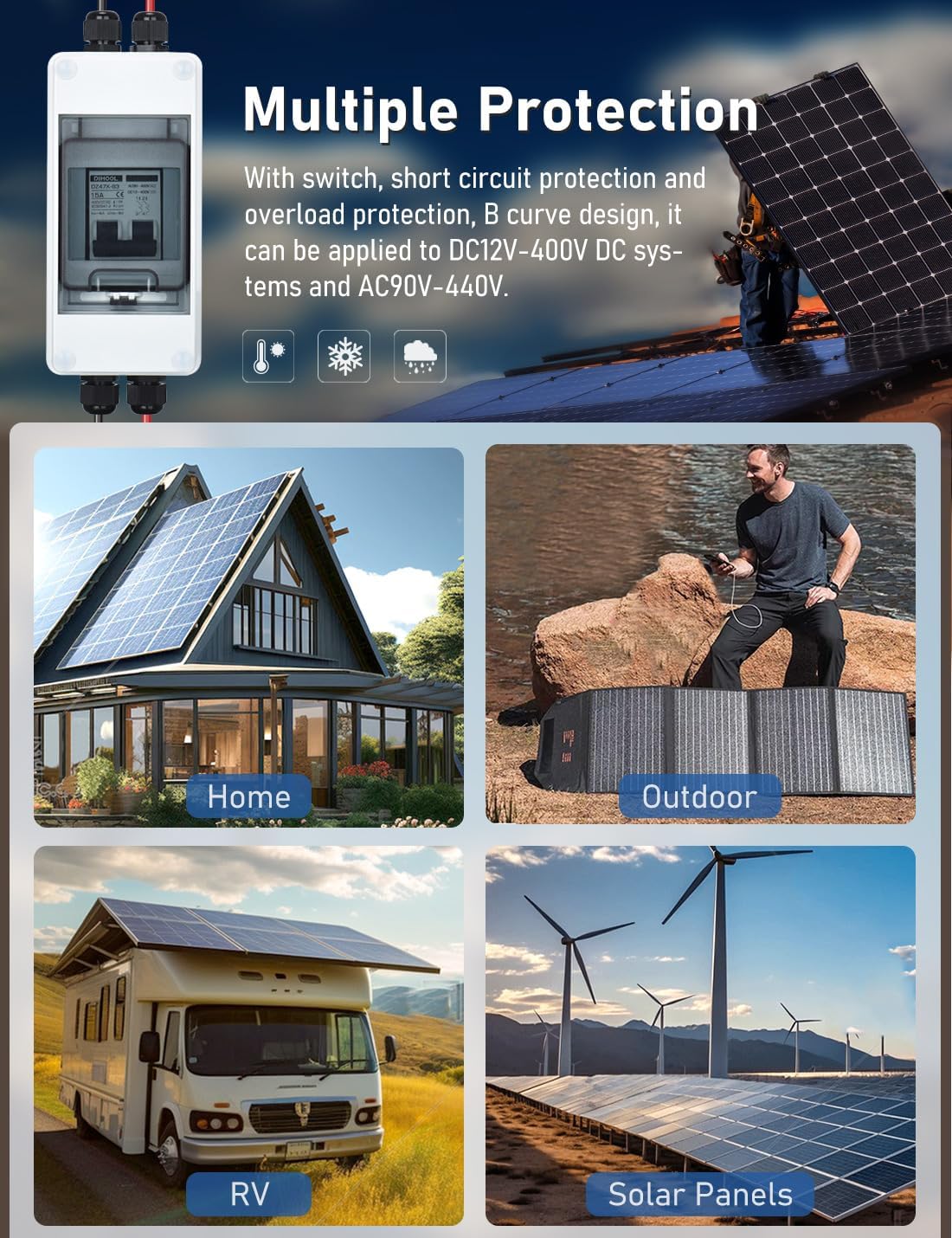 DIHOOL AC DC Circuit Breaker with IP65 Din Box for Solar Systems, 15 Amp 2 Pole 12V-400V, Non Polarized, Solar Panel Disconnect Switch, PV Array Shut Off Isolator - Image 2