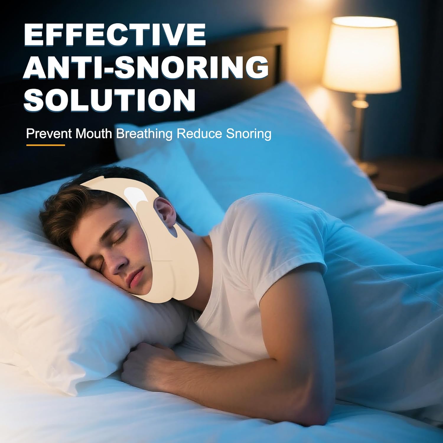 Anti Snoring Chin Strap, Chin Strap for Sleeping Adjustable High Elasticity Traceless, Comfortable Stop Snoring Solution, Breathable and Reusable Anti Snoring Devices for Men and Women (Beige) - Image 2