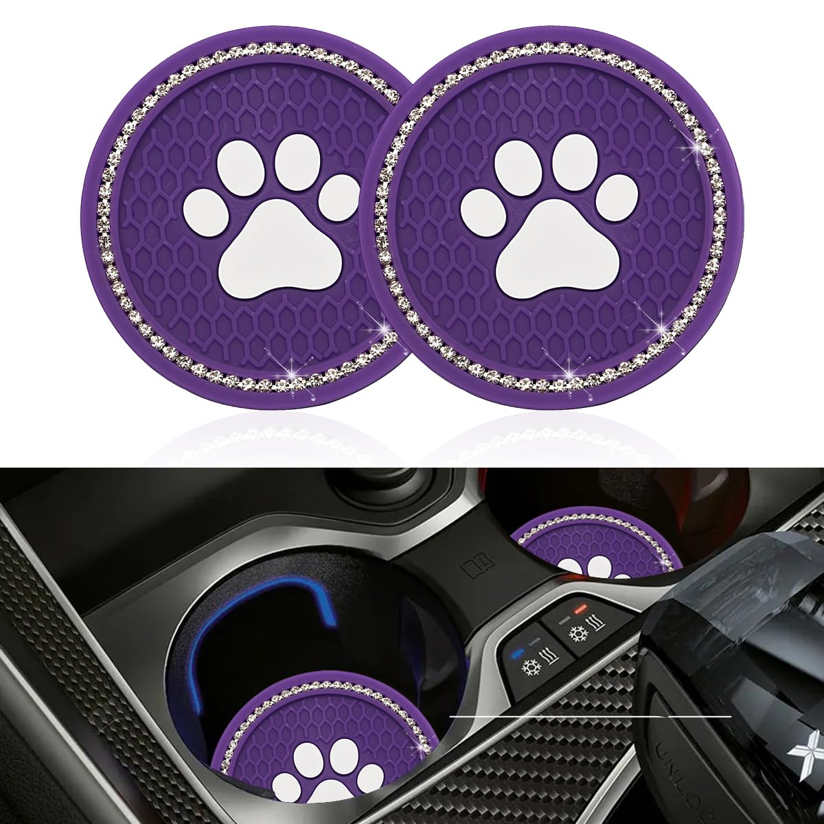 Kewucn Bling Paw Car Cup Holder Coaster, 2 PCS Non-Slip Auto Cup Coasters, Shiny Crystal Rhinestone Insert Decorative Cup Mat, Universal Vehicle Interior Accessories for Most Cars (Purple)