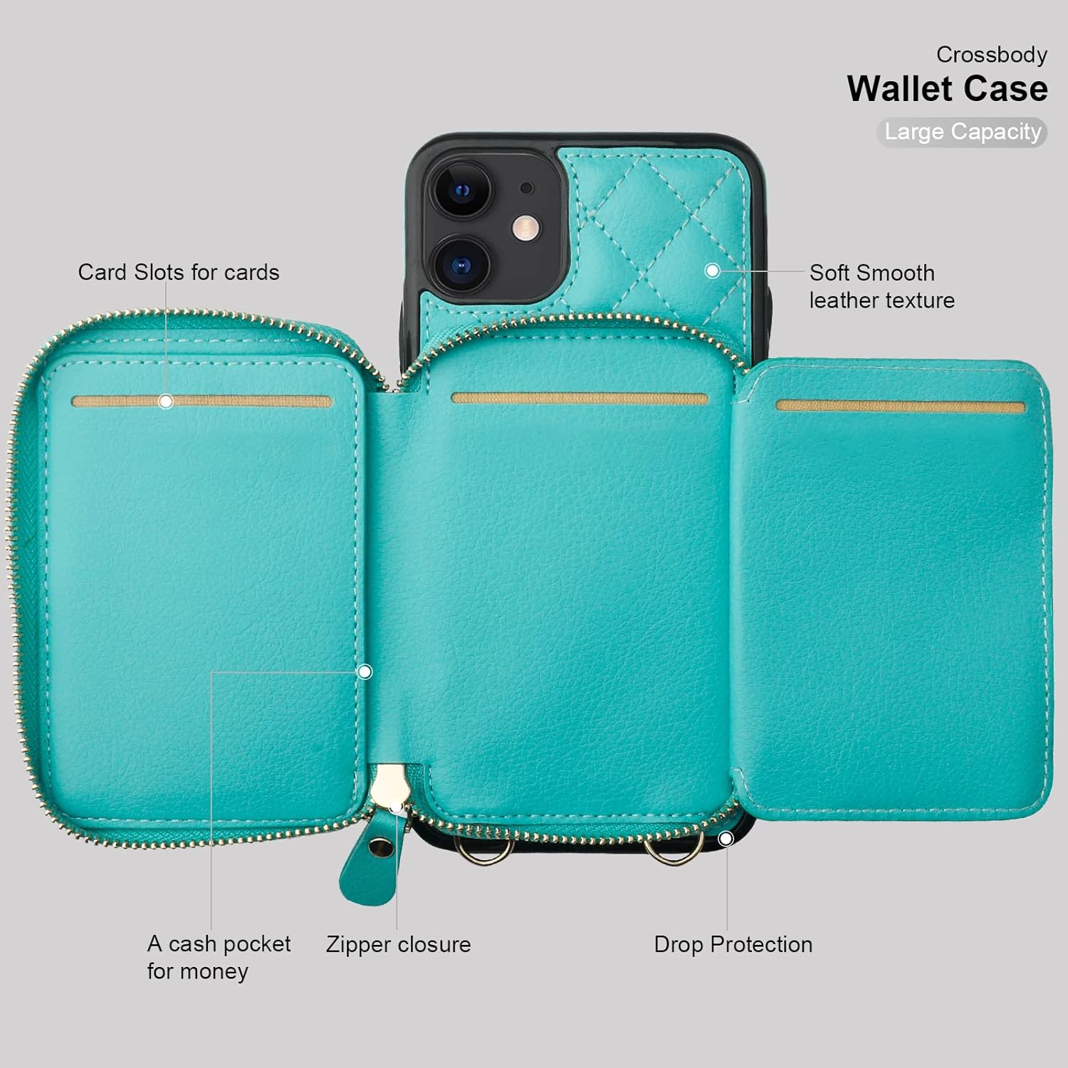 Bocasal Crossbody Wallet Case for iPhone 11, RFID Blocking PU Leather Zipper Handbag Purse Flip Cover, Kickstand Folio Case with Card Slots Holder Wrist Strap Lanyard 6.1 Inch (Mint Green)