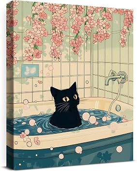 Aesthetic Japanese Cat Wall Art Decor Japan Cat in Bathtub Canvas Print Poster Framed Painting Wall Decorations for Home Apartment Bathroom 8x10 Inch