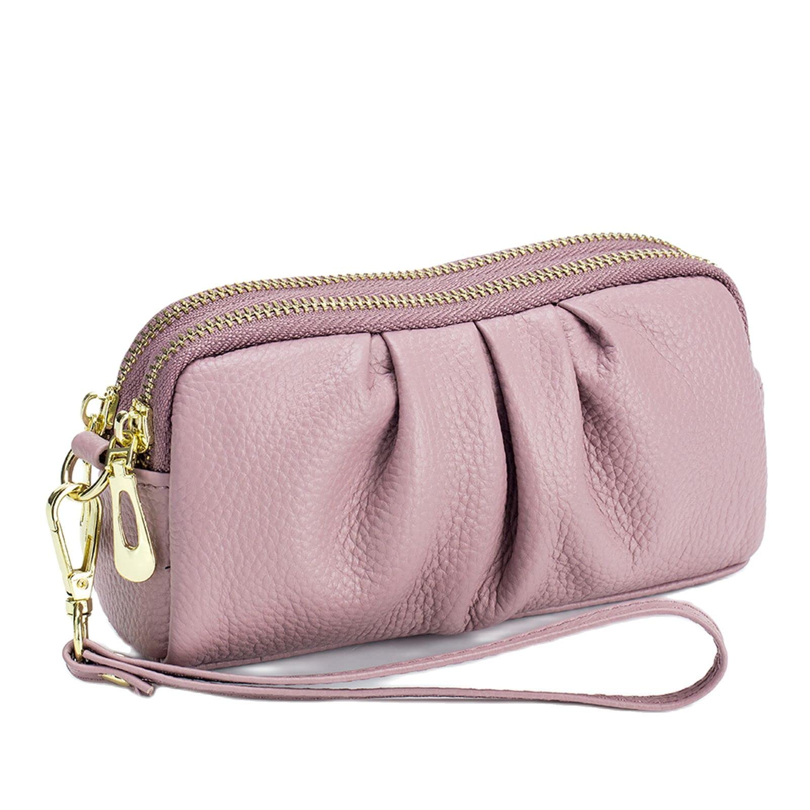 Yizelli Women's Pleated Leather Wristlet Clutch Bag Double Layer Zipper Purse Cell Phone Wallet