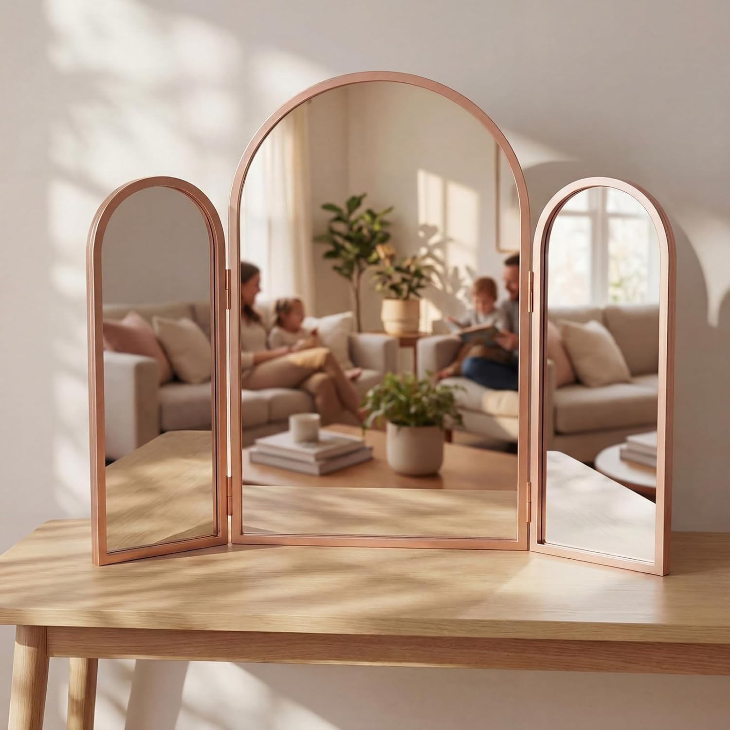 Trifold Vanity Mirrors 3 Way, 30 x 37 in Adjustable Arch Trifold Mirror for Bathroom Bedroom, Decorative Folding 3 Sided Mirror Wall Mounted for Braiding Hair Makeup(Rose Gold)