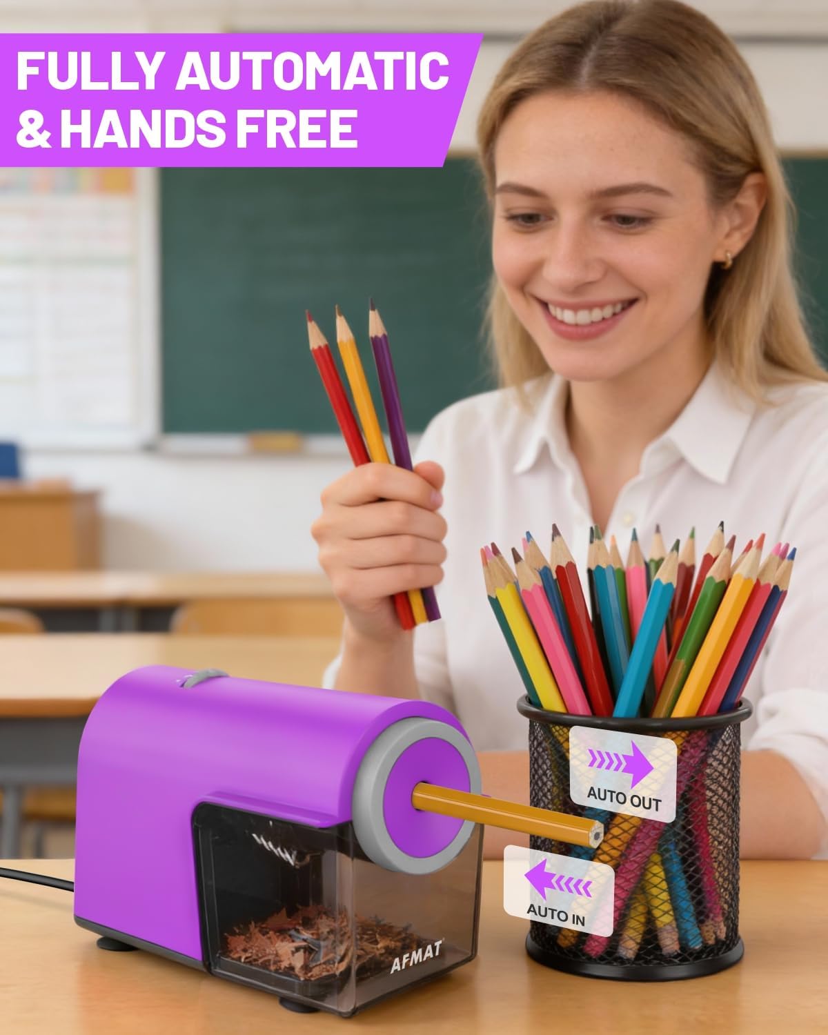AFMAT Electric Pencil Sharpener, Fully Automatic Pencil Sharpener for 6.5-10.5mm No.2/Jumbo/Colored Pencils, Auto in & Out, 5 Sharpness Modes, 10000+ Sharpenings for Classroom Home Office,PSC5(Purple)
