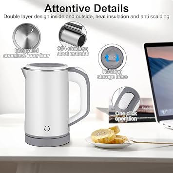 Travel Kettle, Low Wattage Kettle, 800ml Electric Travel Kettles Small, Fast Boiling, Portable Mini Cordless Camping Kettles Stainless Steel for Caravan, Motorhome, Bedroom, Office (White)