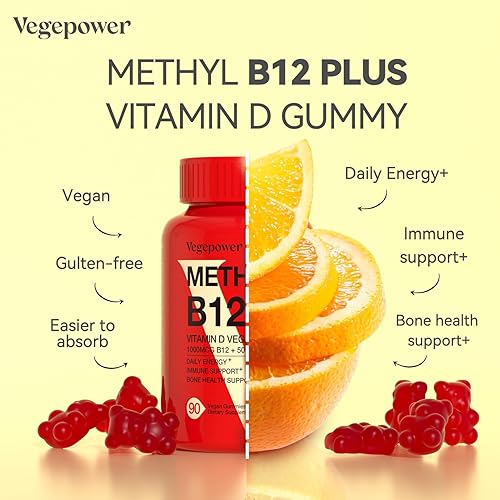 Miniatura 3 de VEGEPOWER Gomitas veganas de vitamina D3 y B12  90 unidades  Suplemento de vitaminas masticables de metilo B12 + D3 para adultos y niños  Energía
