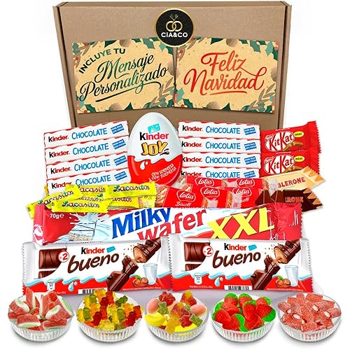 Süßigkeiten-Geschenkbox mit +25 Stück Kinder Schokolade und 450g glutenfreien Gummibonbons. Kinder Chocolate, Kinder Bueno, Kinder Joy, Happy Hippo, SchokoBons und Gummibonbons. - KINDER