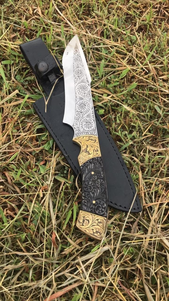 Custom Made Stuning Knife D2 Steel Deep Hand Engraved Knife with Custom Made Leather Sheath Hunting Gear for