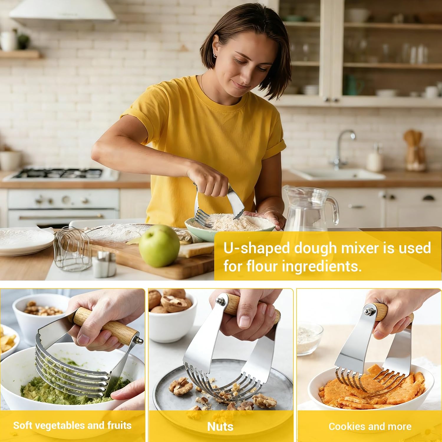 3 PCS Dough Pastry Cutter Scraper Blender Set with Stainless Steel Blades and Comfortable Wood Handle for Biscuit Butter Pie Nut Crust Kitchen Baking Supplies