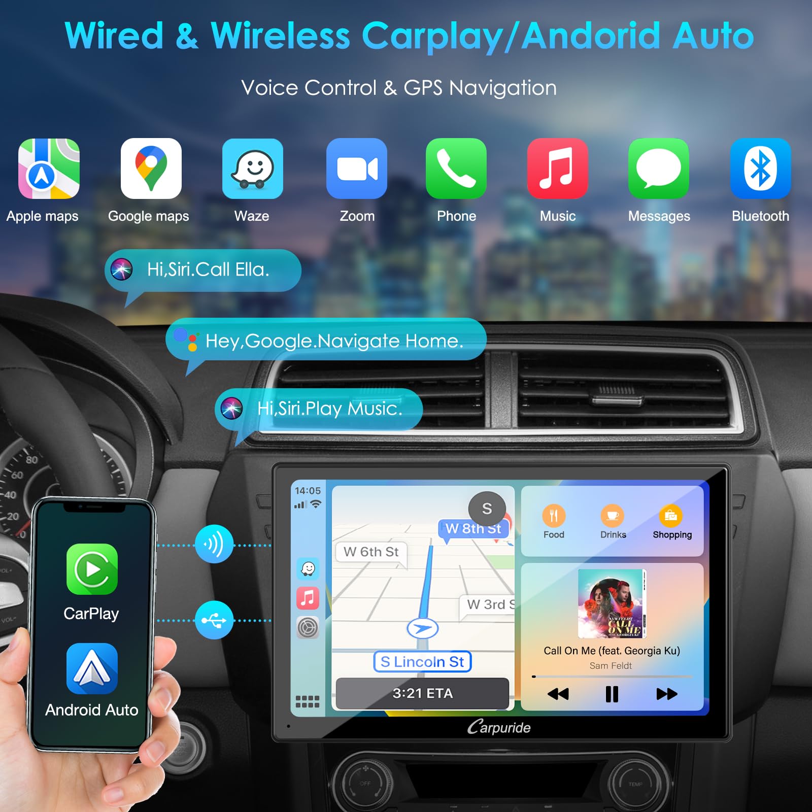 Carpuride Double Din Car Stereo with CarPlay and Android Auto Car Radio 10.1
