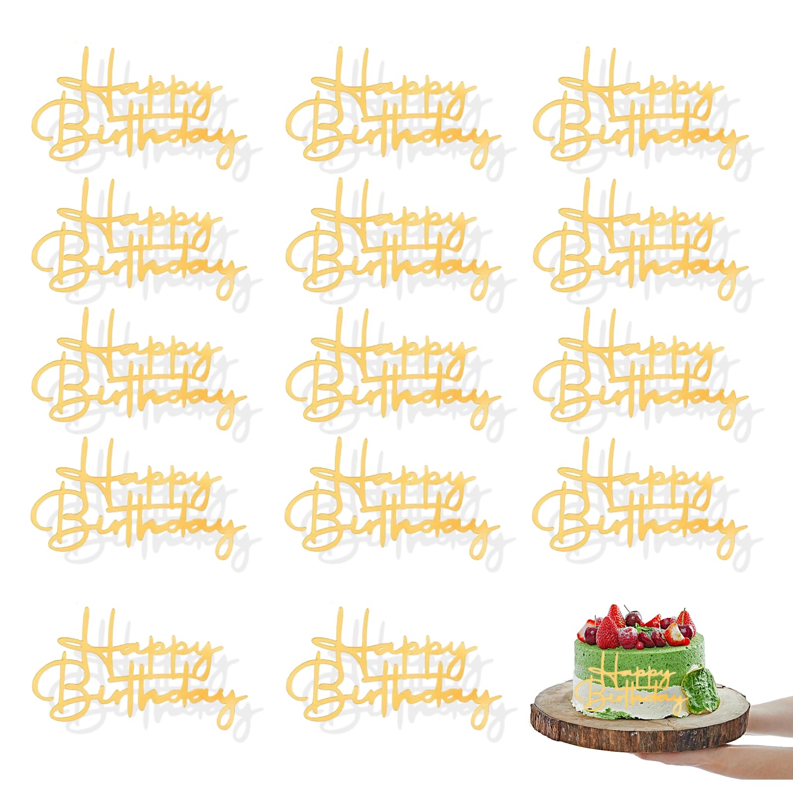 Labyrinxel Cupcake Toppers Set of Fifteen, Happy Birthday Cupcake Toppers in Gold Acrylic, Happy Birthday Topper for Party Cakes, Gold Cake Topper Decorations for Home Baking and Celebrations