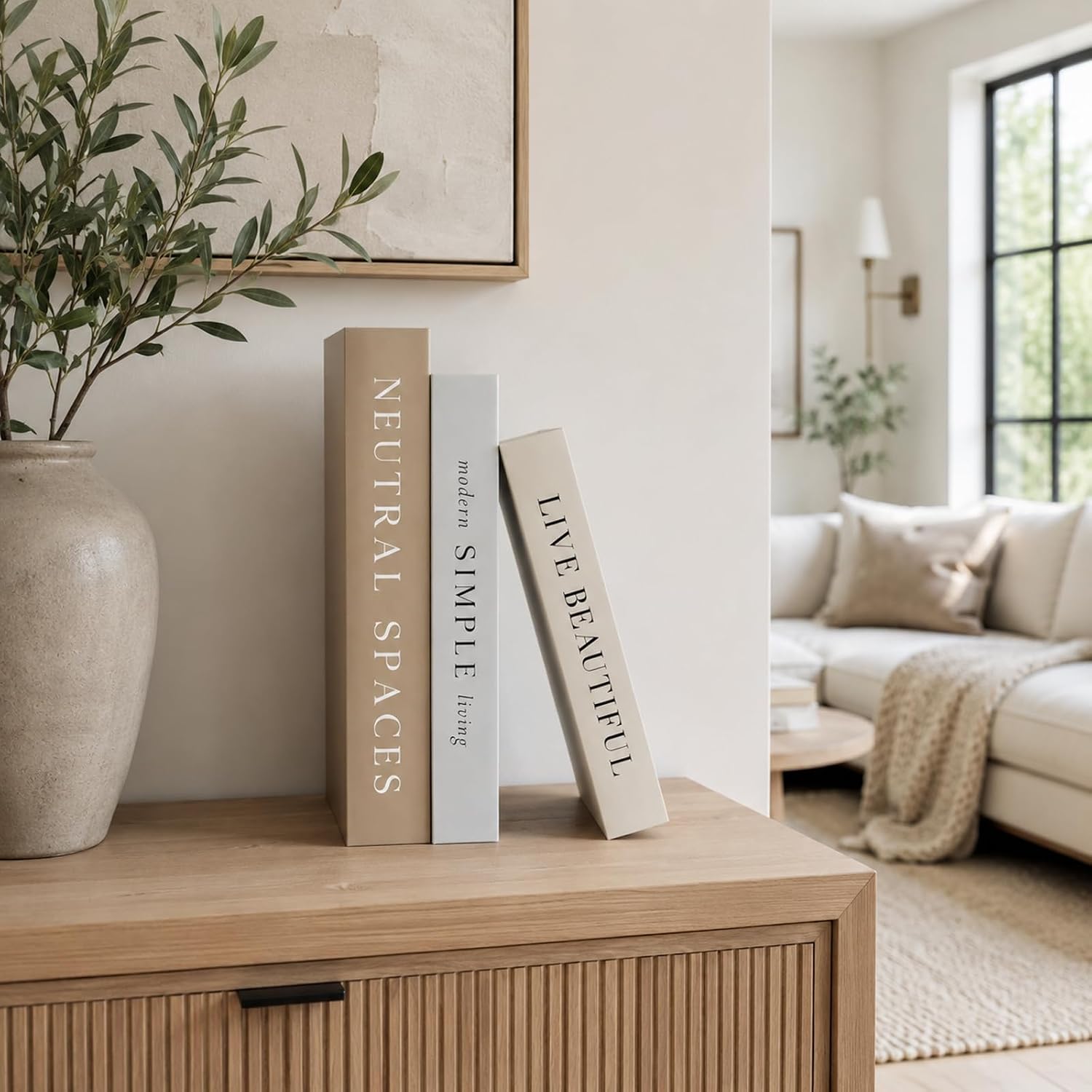 3 PCS Faux Decorative Books for Home Decor-Coffee Table Books Decor-Aesthetic Fake/Faux Books for Decoration,libros Decoration for Coffee Table, Shelf Accessories (Neutral spaccs Simple Live)