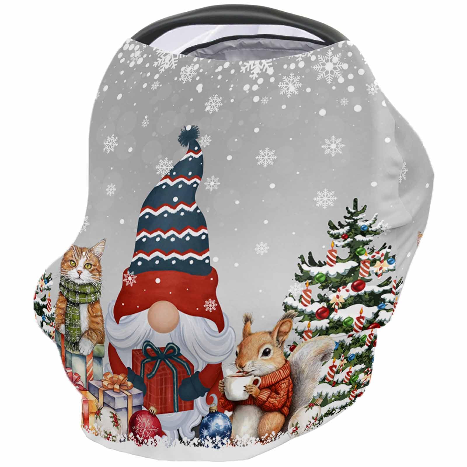 Nursing Cover for Breastfeeding Scarf, Merry Christmas Gnomes Xmas Tree Squirrel Cat Grey Baby Car Covers Super Soft Multi Use for Canopy Shopping Cart Cover Blanket Stroller Cover