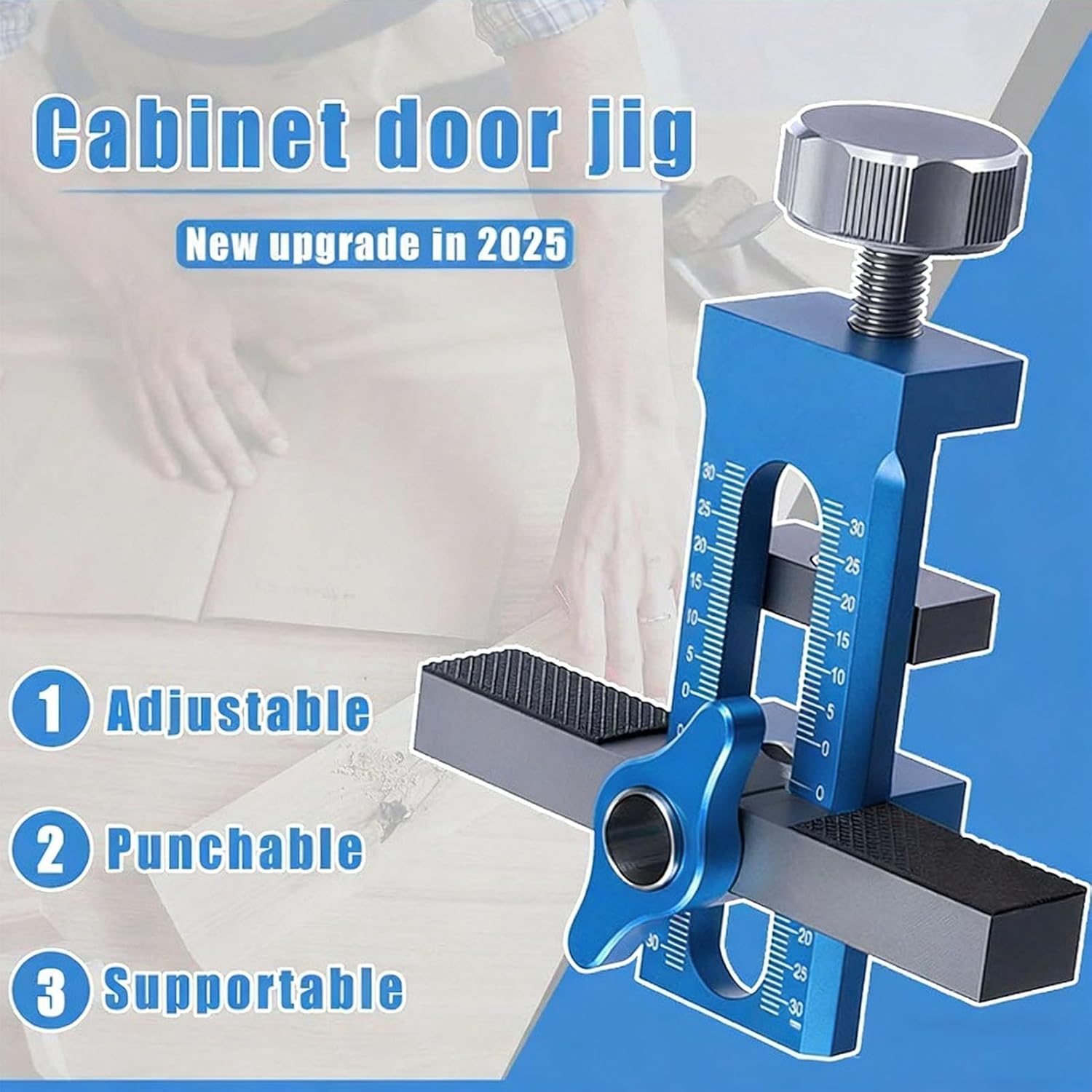 Cabinet Door Installation Jig, Adjustable 7-40mm Clamping Mounting Positioner with 6 8 10mm Drill Bits for Framed and Frameless Cabinets