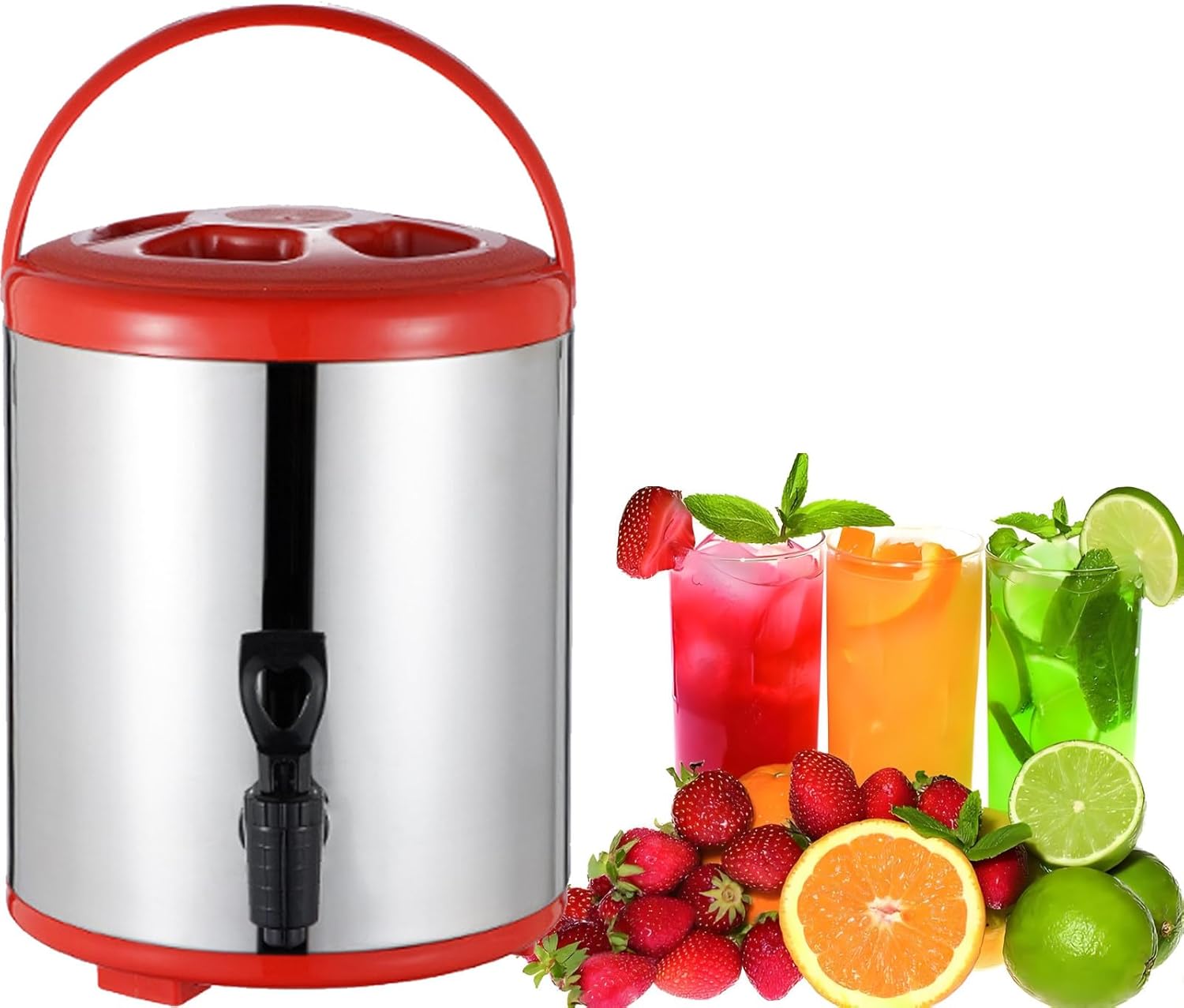 Stainless Steel Hot Water Kettle & Insulated Catering Urn, 8L Beverage Dispenser with Cover & Spigot, Ideal for Milk Tea, Coffee, and Hot Water, Durable & Stylish Red Finish,Red,8L