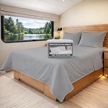 MyGiza Sheets 400TC Egyptian Cotton RV King 72 x 80 4Pc Set - Soft, Durable, Deep Pocket Sateen Weave Sheets with Superb Elastic for Low Profile Foam & Tall Mattresses - Solid Light Gray