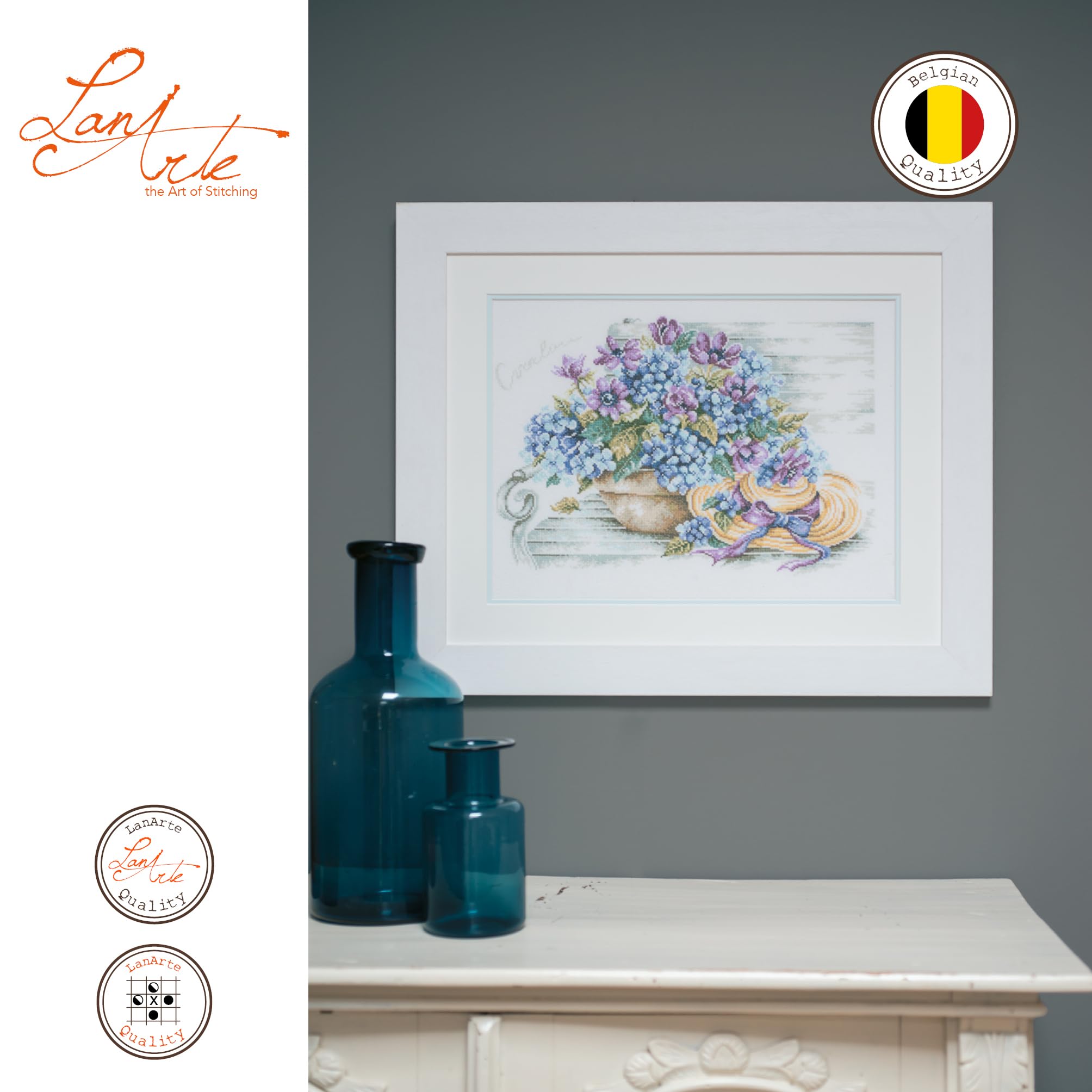 Lanarte Kreuzstich Stickpackungen Gezählter Kreuzstichbilder Set HORTENSIEN/BANK Wanddekoration Handarbeit Set für Erwachsene 44 x 34 cm DIY Deko Bastelset Handwerker Kreative Geschenkset