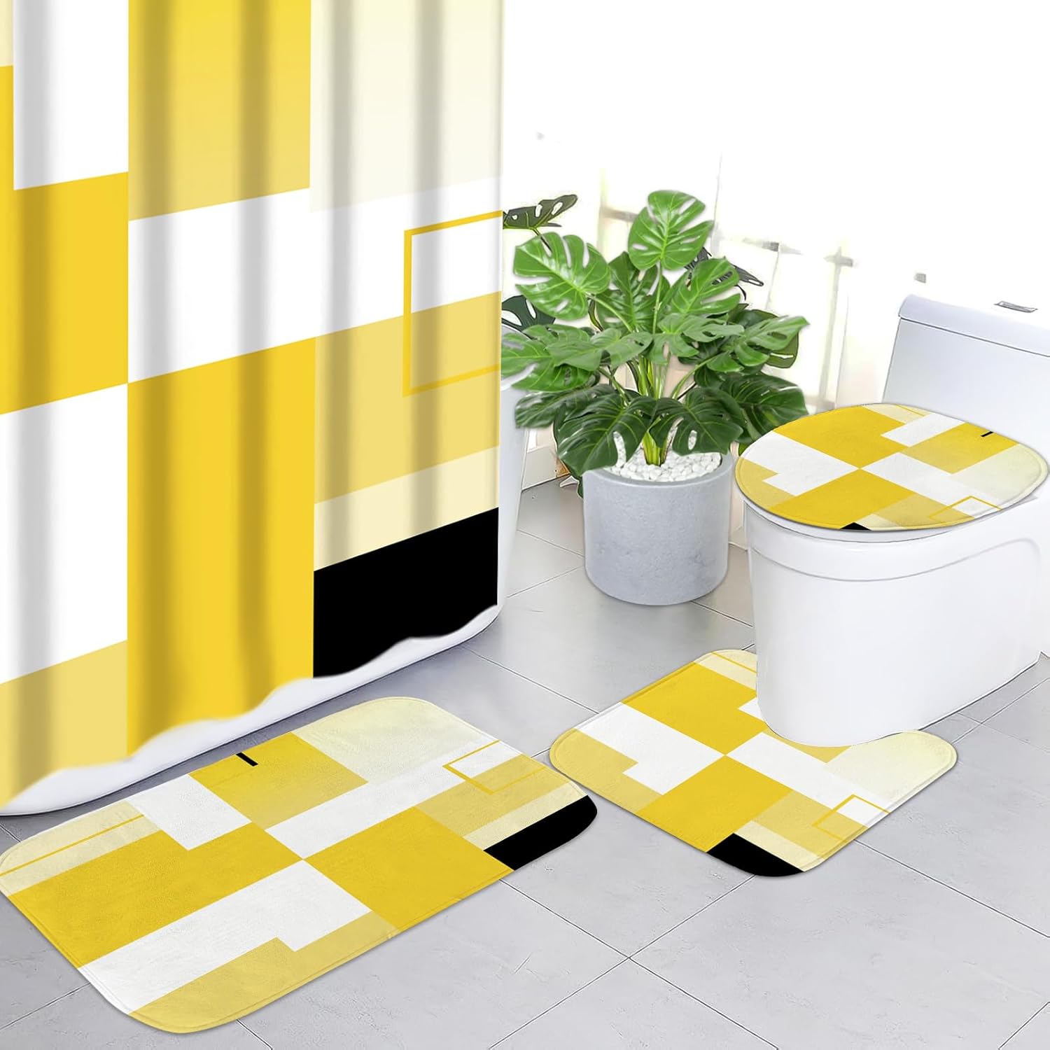 4 Pcs Yellow Geometric Bathroom Shower Curtain Sets with with Toilet Lid Cover and Non-Slip Rugs, Yellow Modern Abstract Bathroom Decor Sets with Shower Curtain and Rugs for Bathroom
