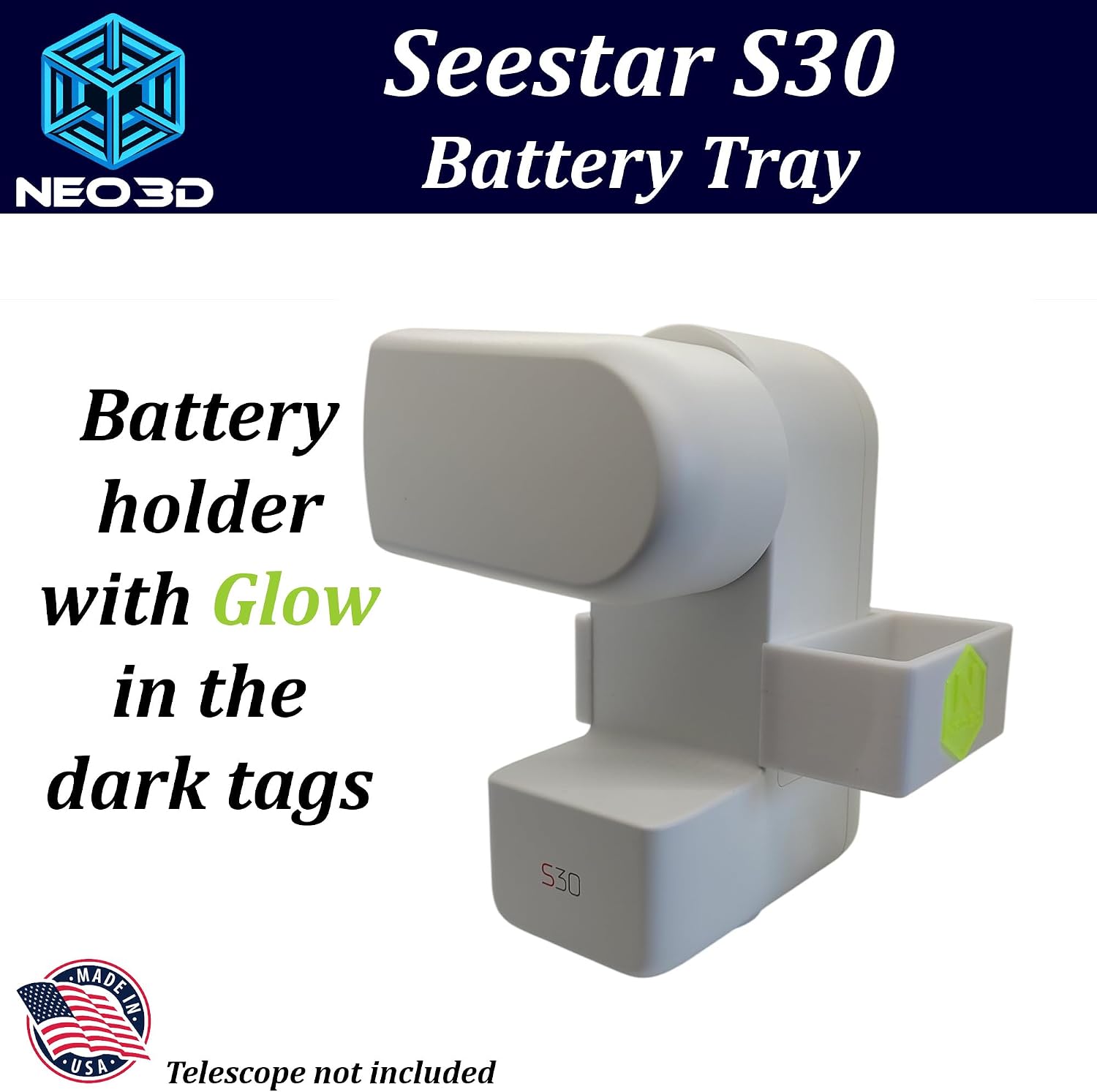 Seestar S30/S30 Pro Battery Tray with Glow in The Dark, Accessory Tray, ZWO, (S30TrayGlowWhite)