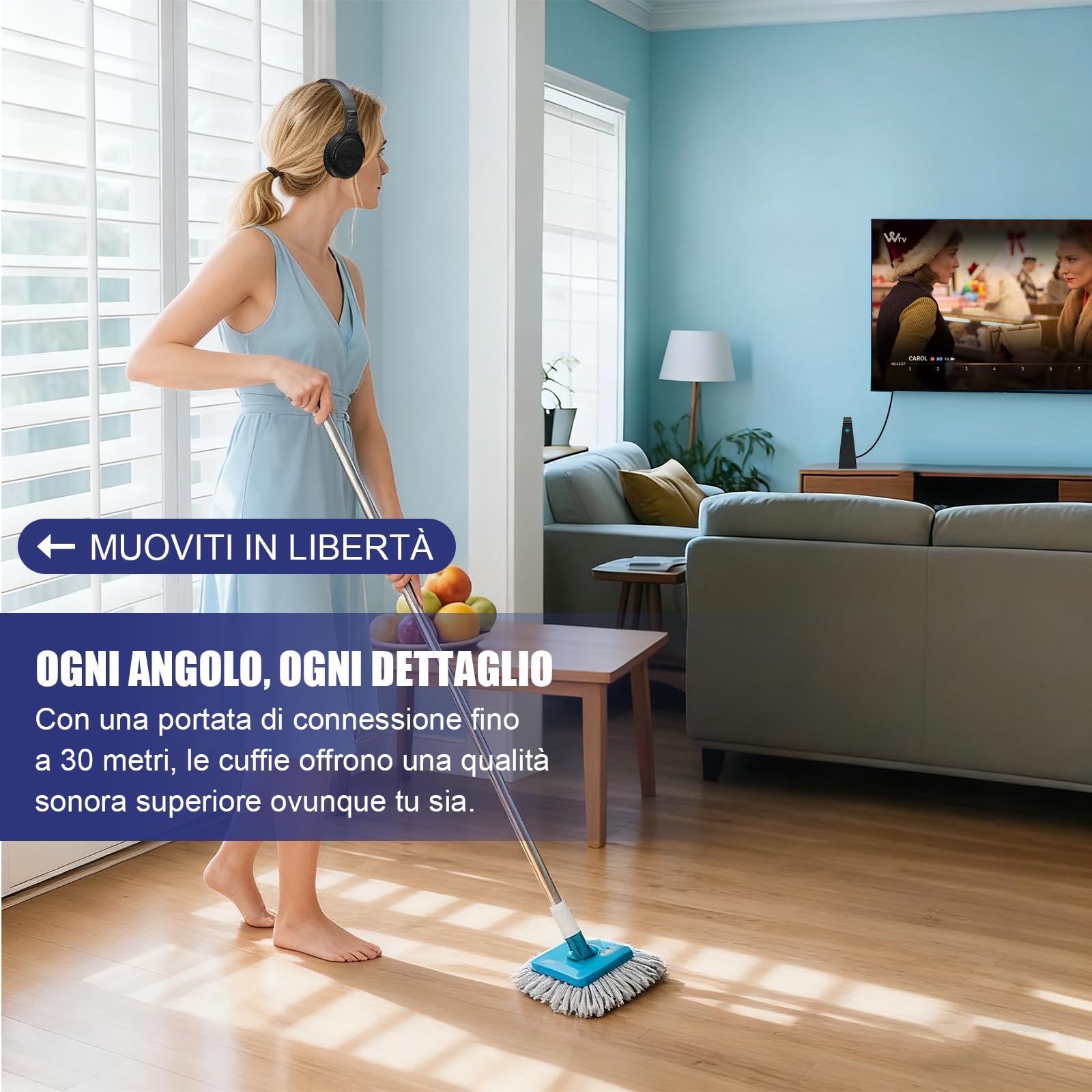 Cuffie TV Wireless per Anziani con Pulsanti Grandi, Base Ricarica Trasmettitore RF 2.4GHz, Supporto Uscite Ottico/RCA/AUX, Cuffie Bluetooth Over-Ear con 3 Modalità EQ, Portata 30m Senza Ritardo Audio