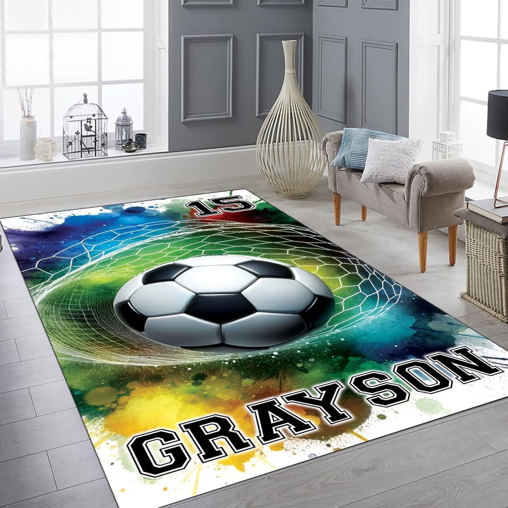 Custom Soccer Area Rug - Soccer Pitching Rug, Football Gift Decor 2X3 3X5 4X6 5X8 Rug Non Slip Rug Carpet for Bedroom Living Room, Soccer Room Decor for Boys (Soccer D10, Multi)