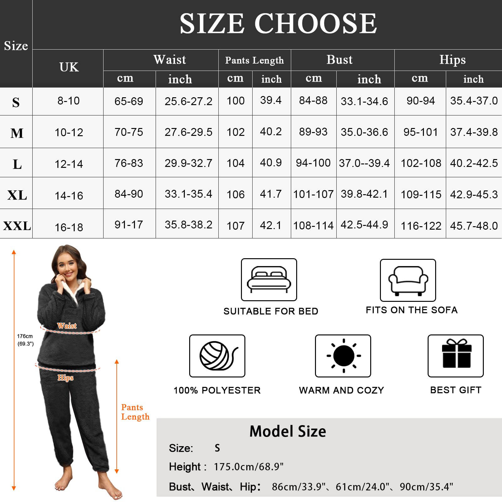 Pyjama Femme Hiver Polaire Ensembles de Pyjama Femme Pyjama Polaire Chaud et Doux Manche Longue Revers Pyjamas