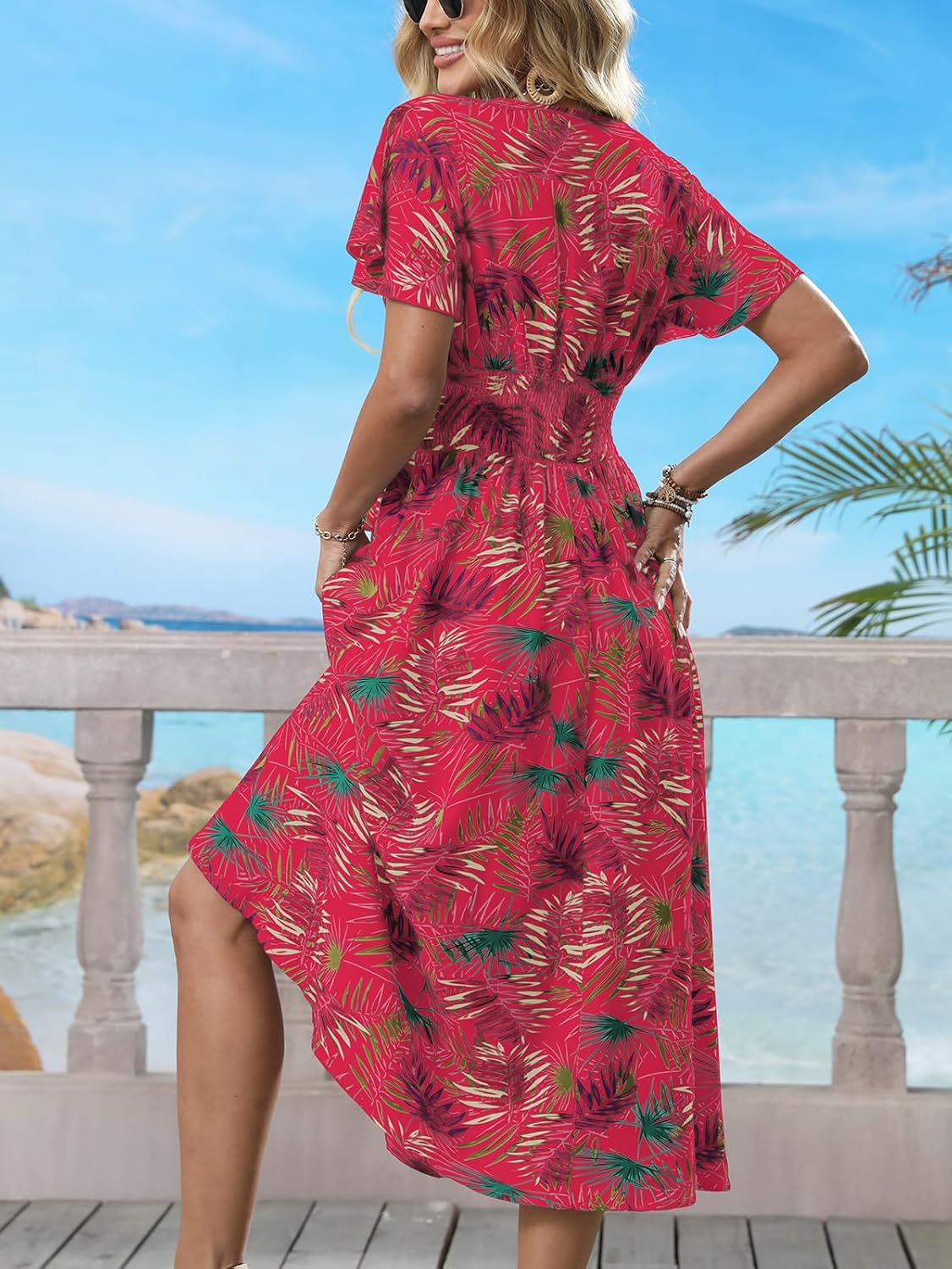 Women's Boho Summer Wrap Midi Dress - Palm Leaf Floral Print V-Neck Ruffle Short Sleeve Casual Beach Vacation Dress - Image 2